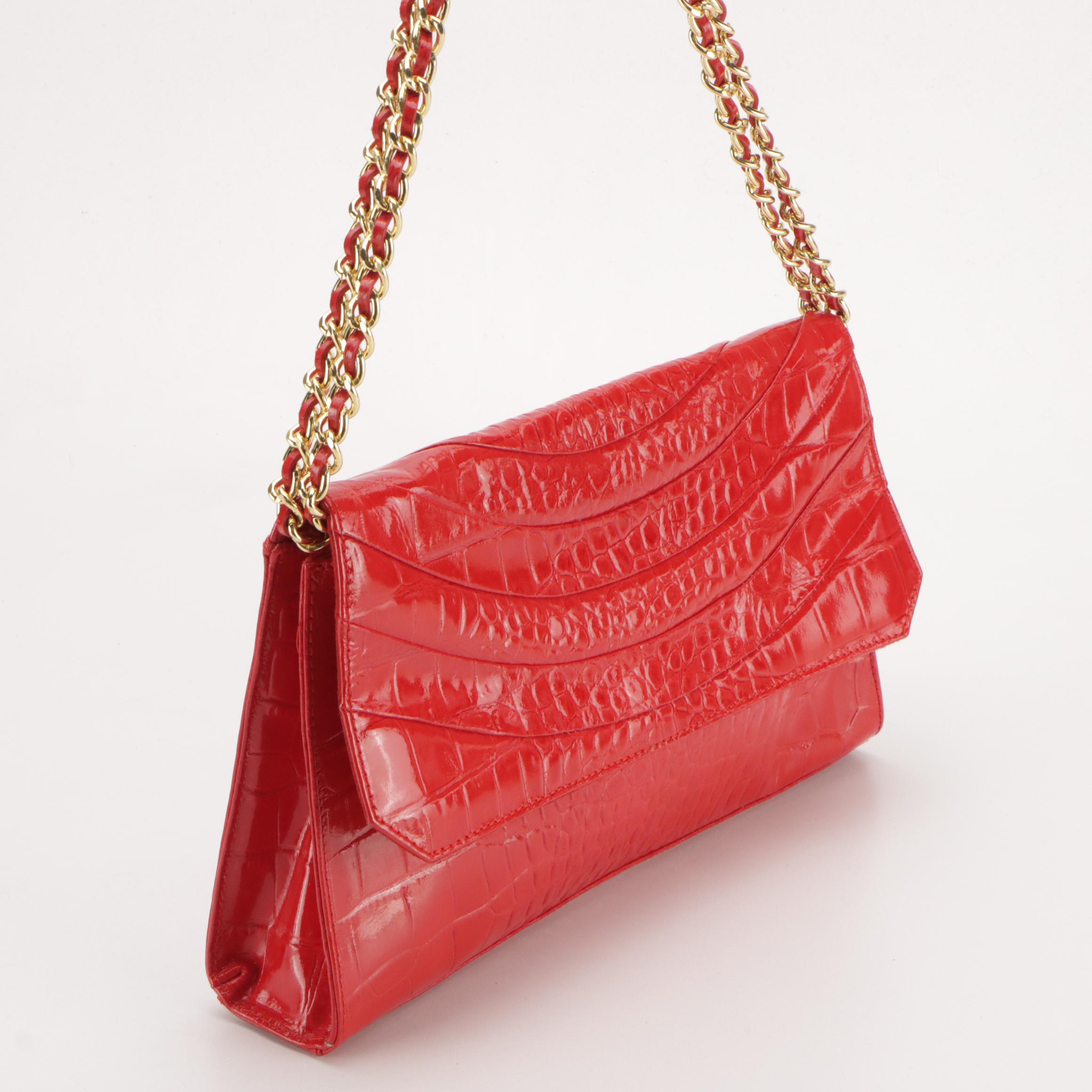 Saks Fifth Avenue Red Glossy Croc Embossed Shoulder Bag & Dooney & Bourke Wallet