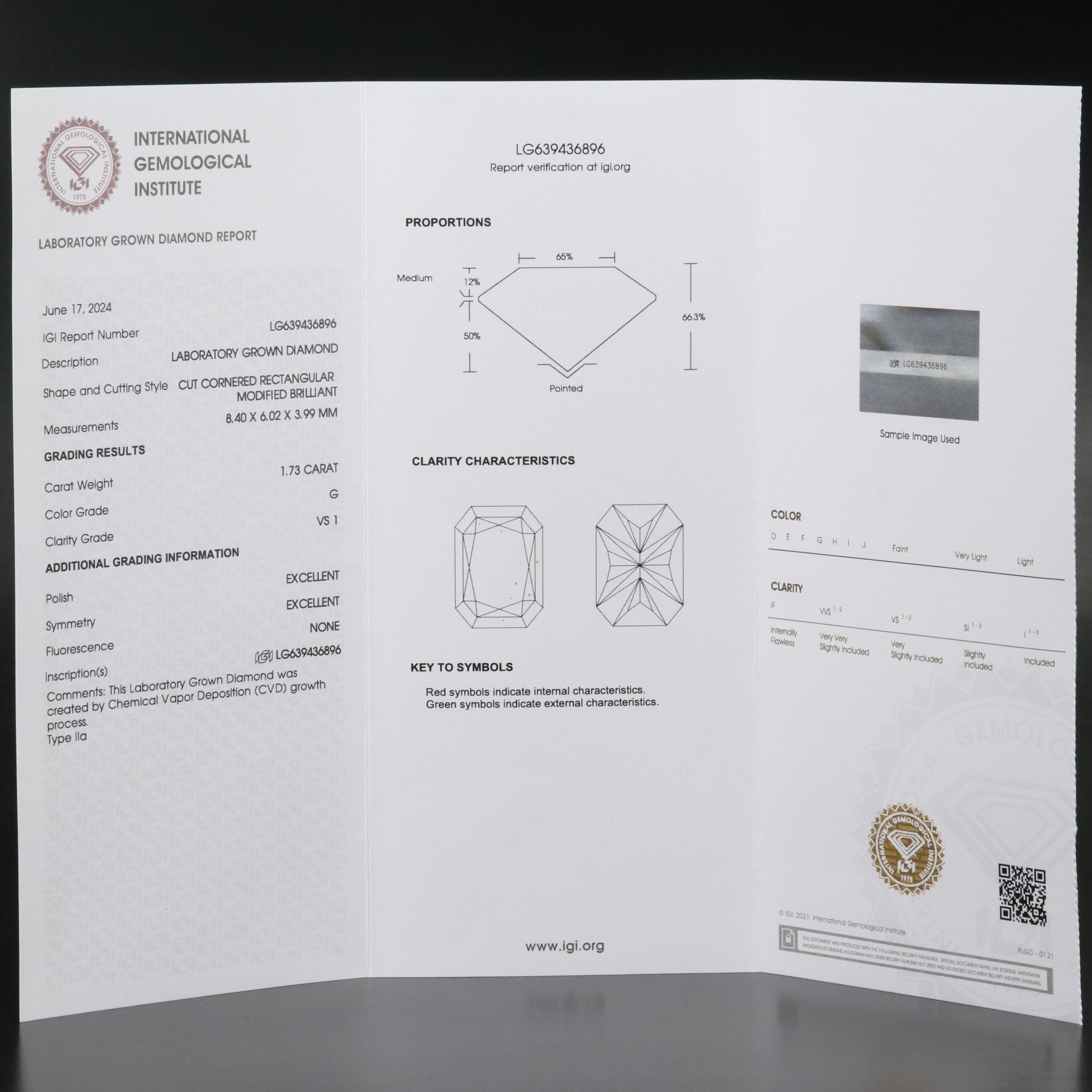 Loose 1.73 CT Lab Grown Diamond with IGI Report