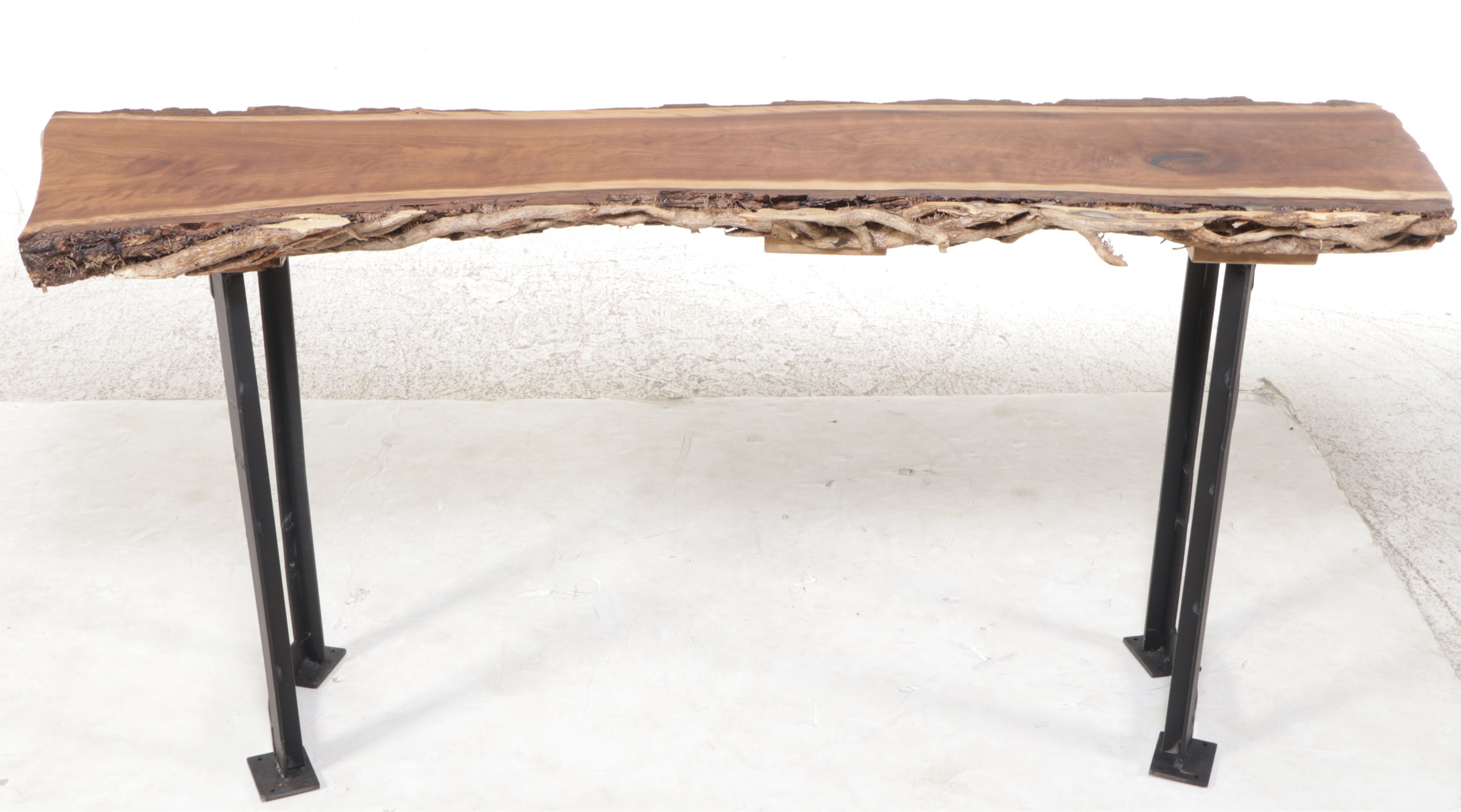 Industrial Style Live Edge Walnut Slab and Metal Console Table