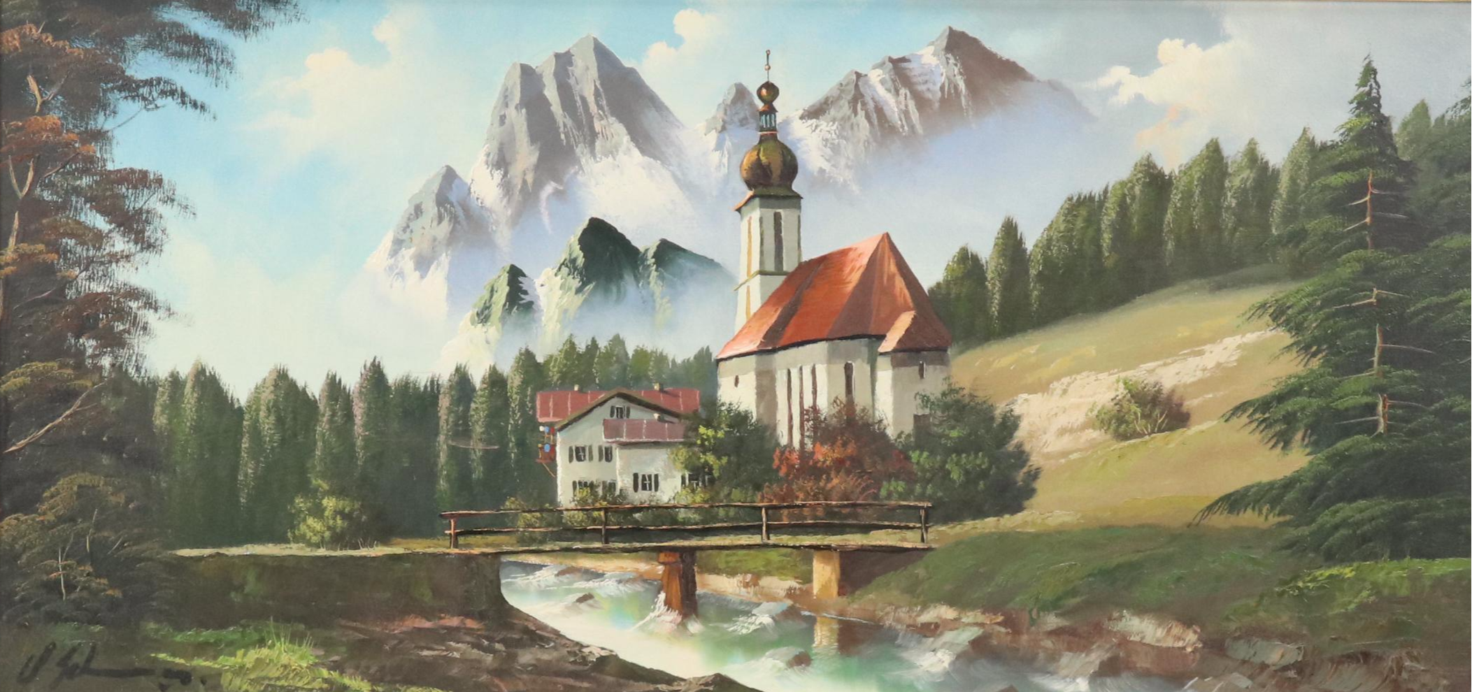 Mountain Landscape Oil Painting, Late 20th Century