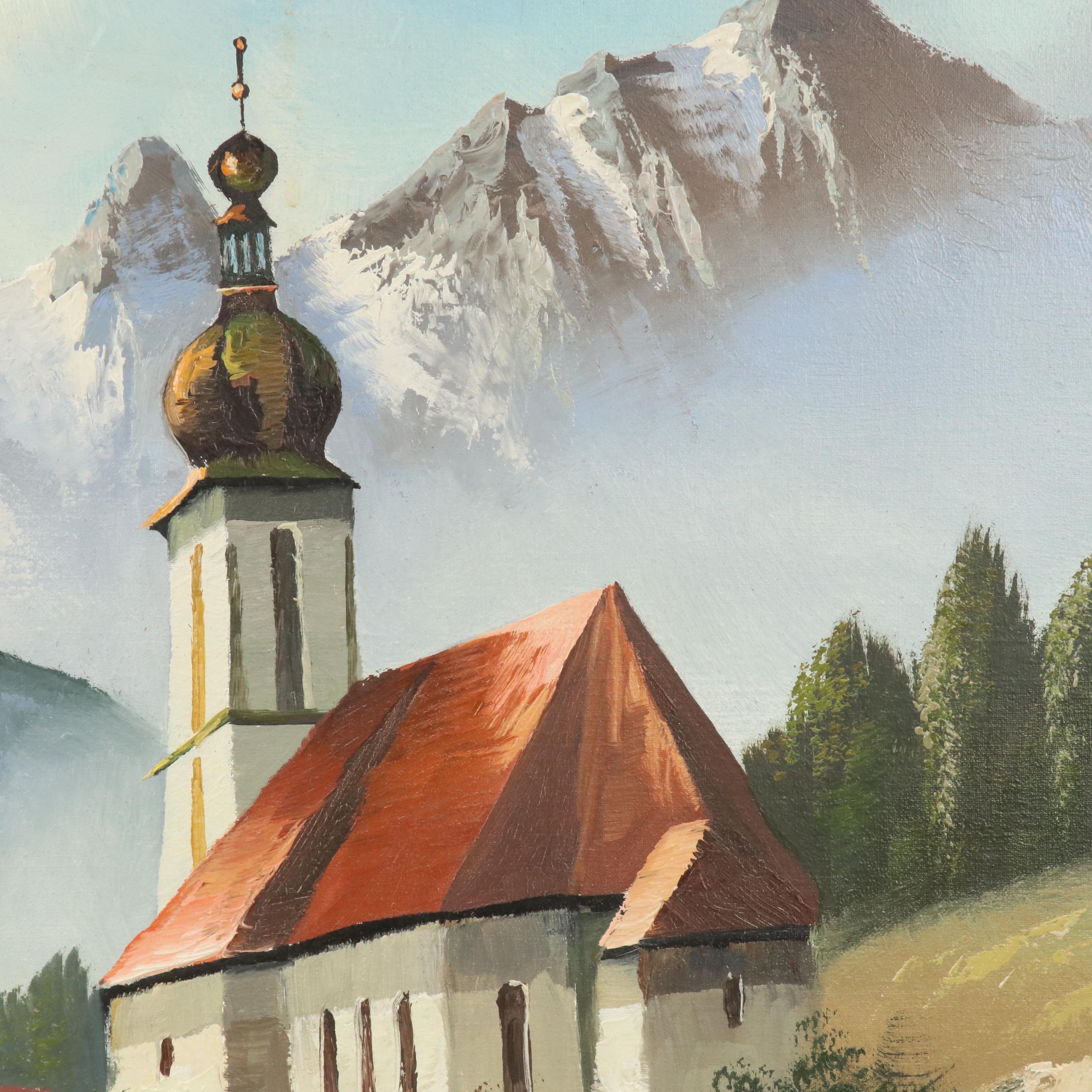 Mountain Landscape Oil Painting, Late 20th Century