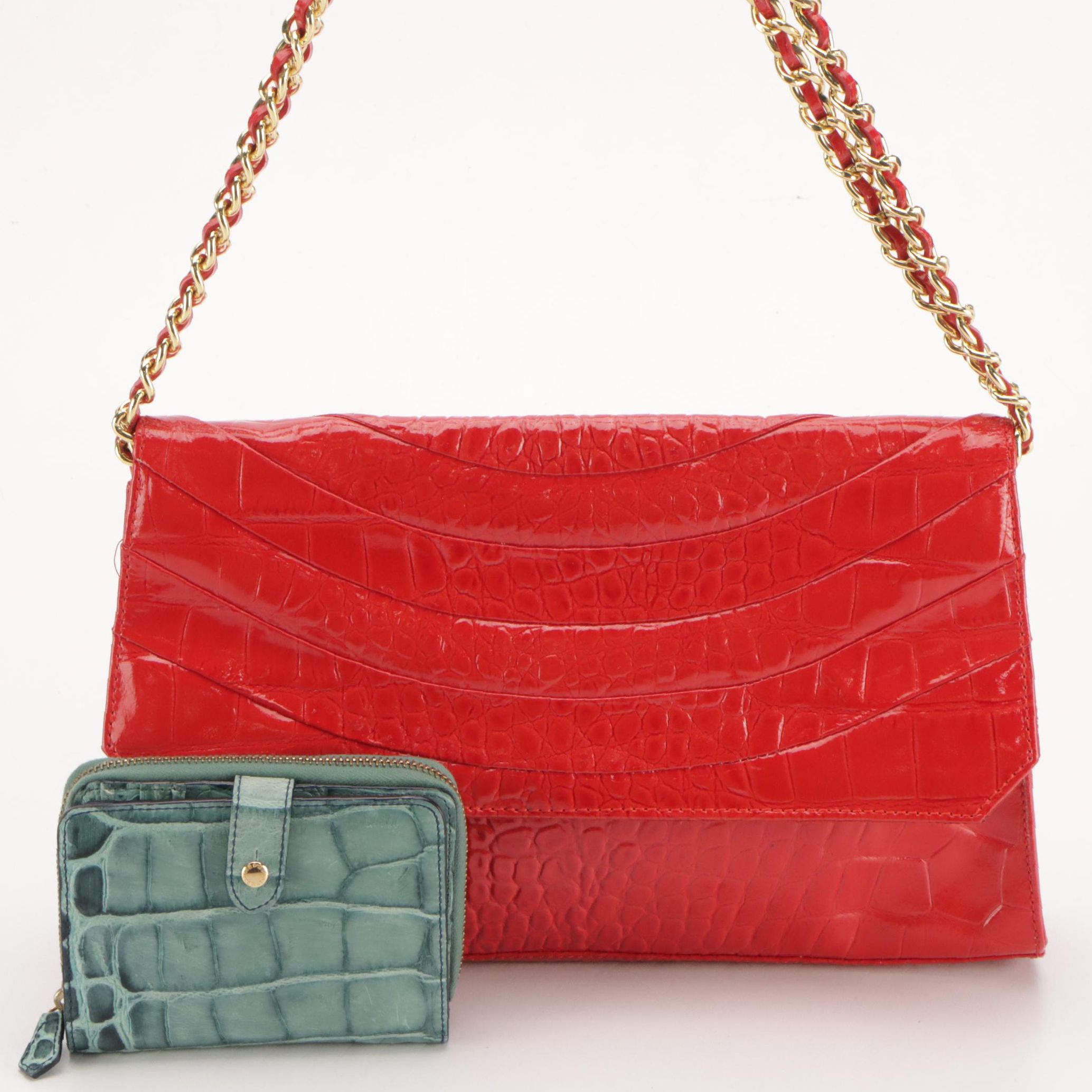 Saks Fifth Avenue Red Glossy Croc Embossed Shoulder Bag & Dooney & Bourke Wallet