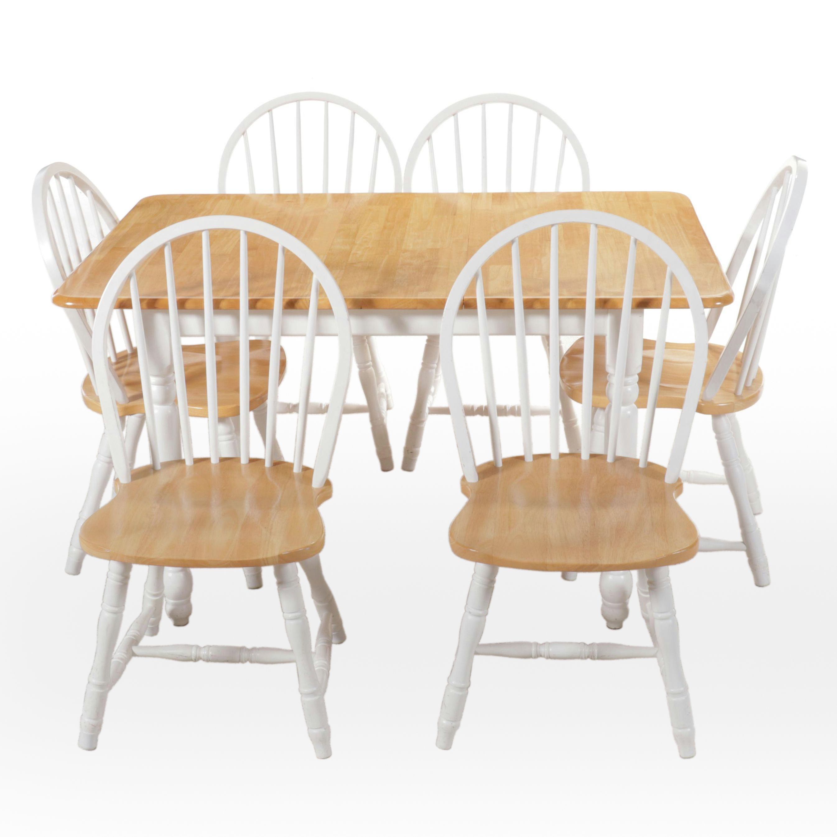 White Painted Dining Table with Six Bow-Back Side Chairs, 21st Century