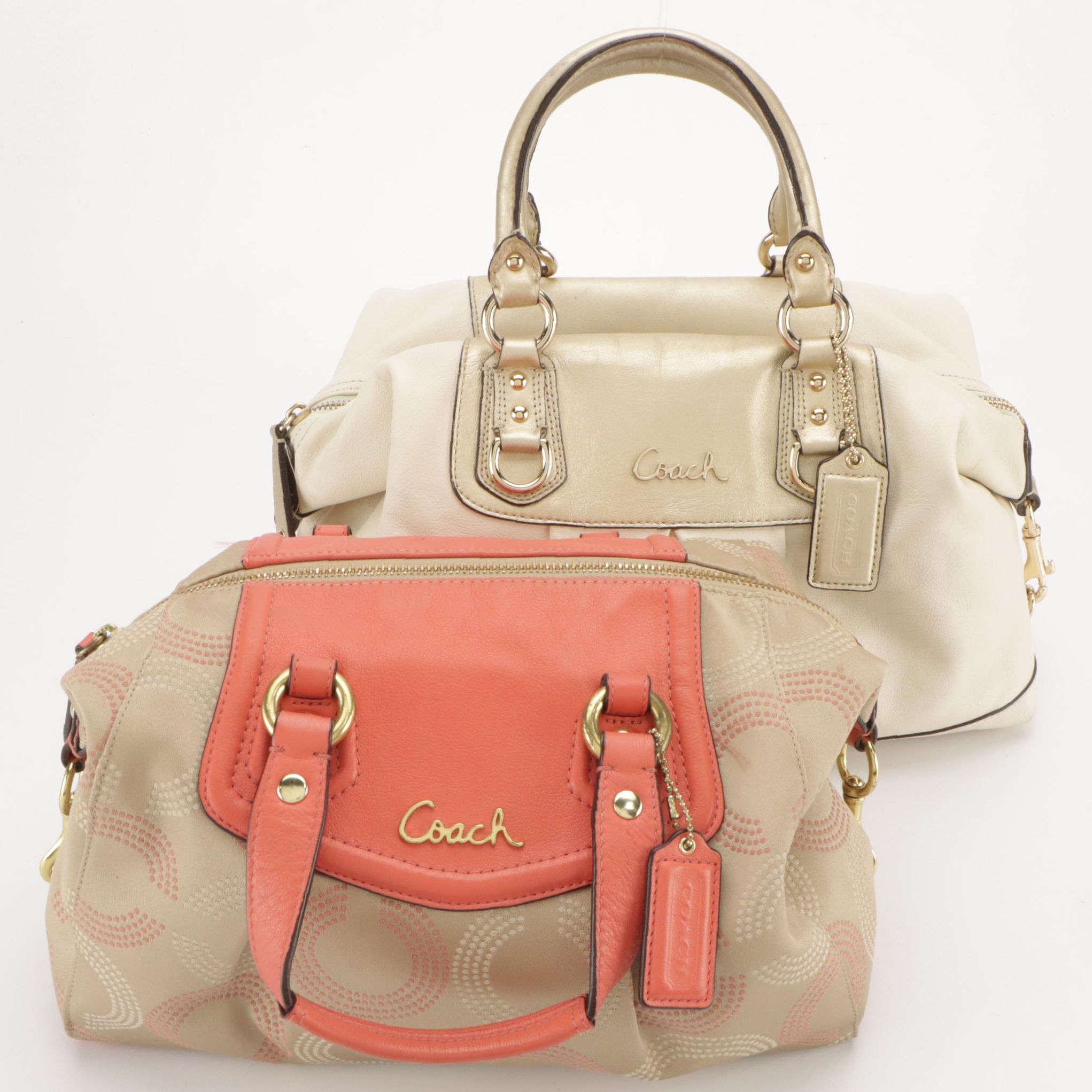 Coach Ashley Two-Way Satchels in Shimmery Leather and Signature Dotted C Canvas