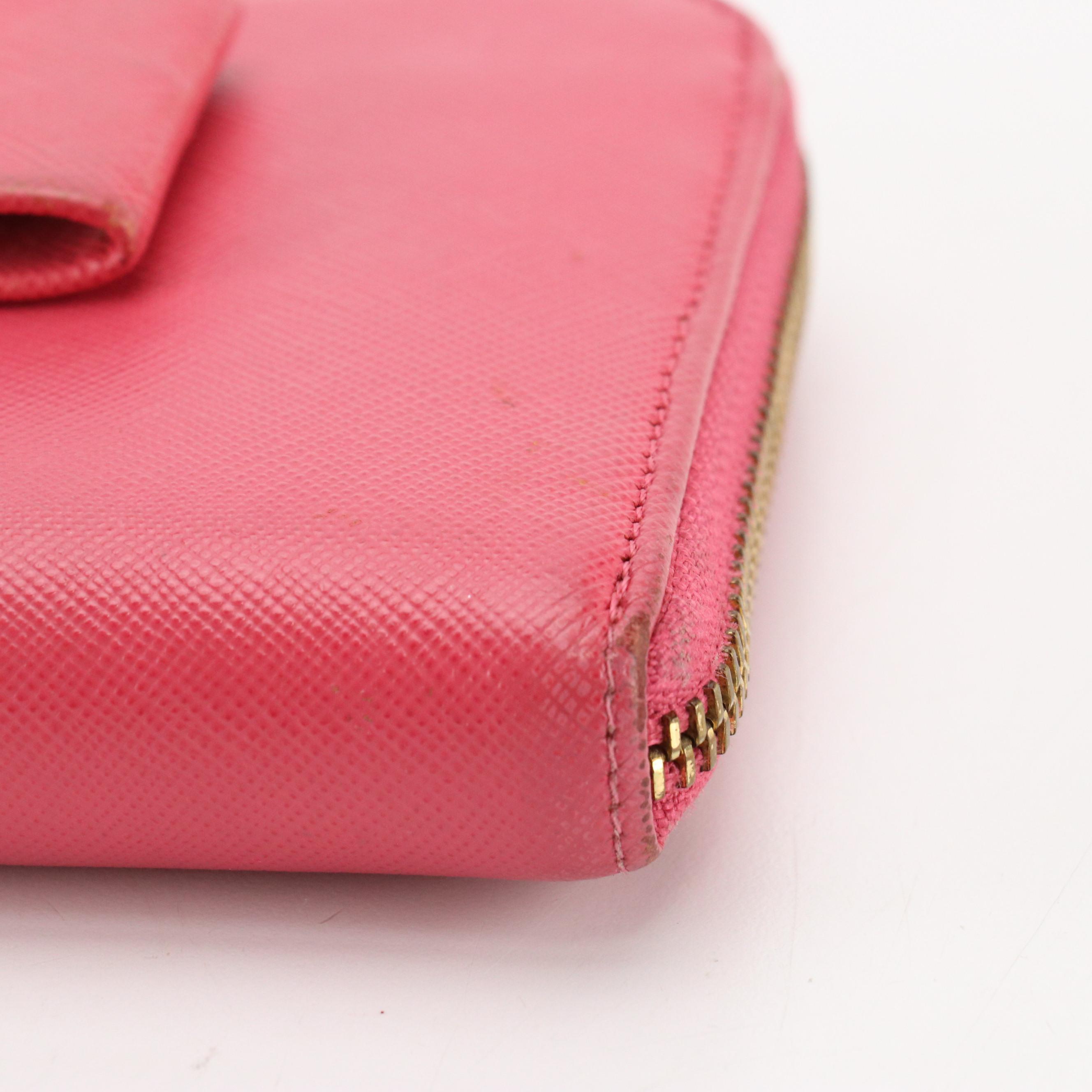 Prada Pink Saffiano Leather Bow Zip-Around Wallet