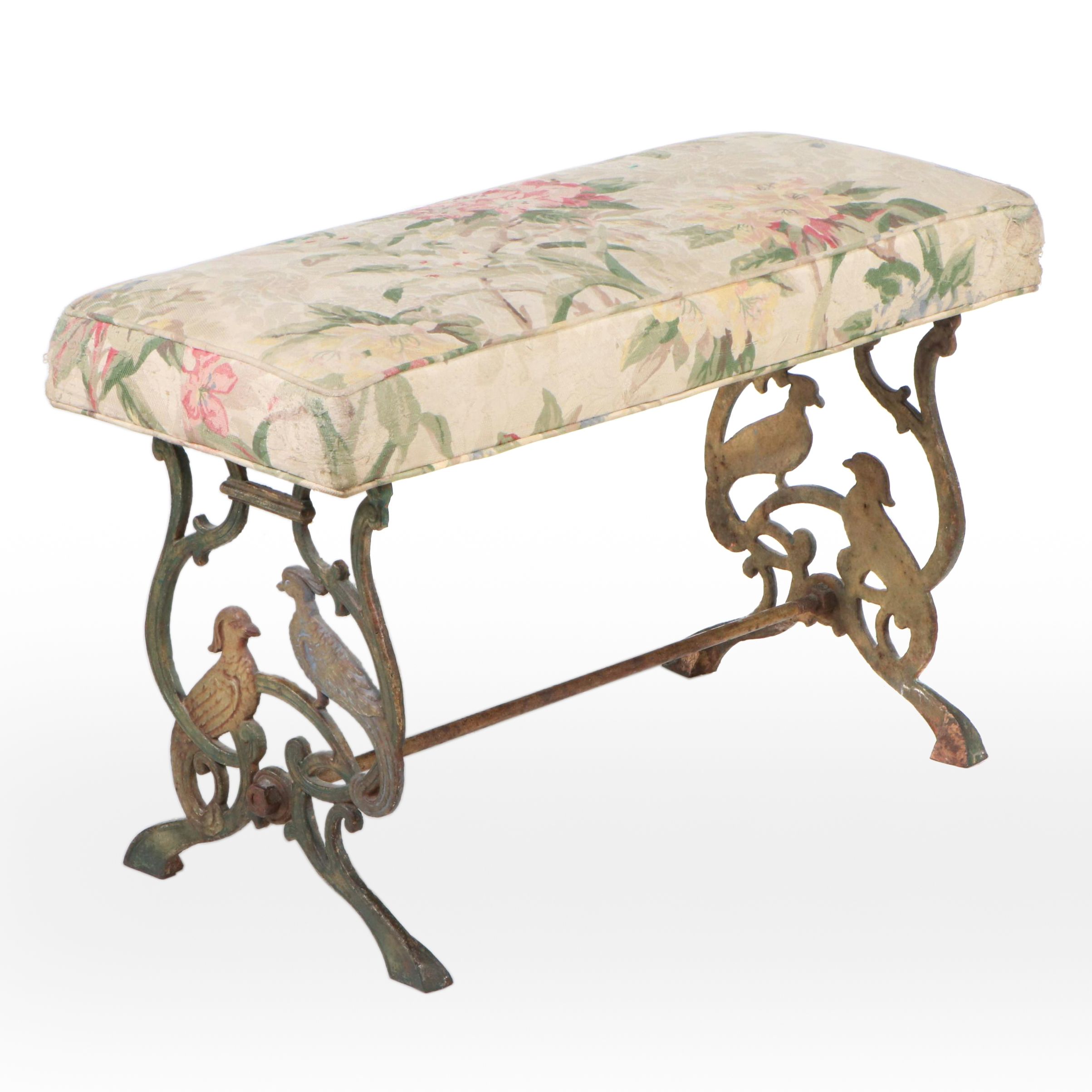 Art Nouveau Fabric Upholstered Cast Iron Bench, Early 20th Century