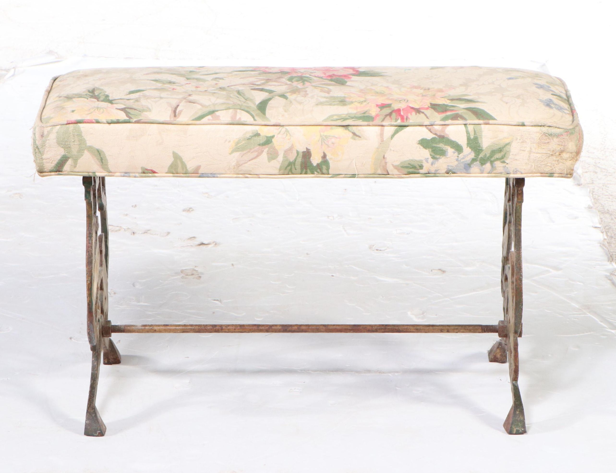 Art Nouveau Fabric Upholstered Cast Iron Bench, Early 20th Century