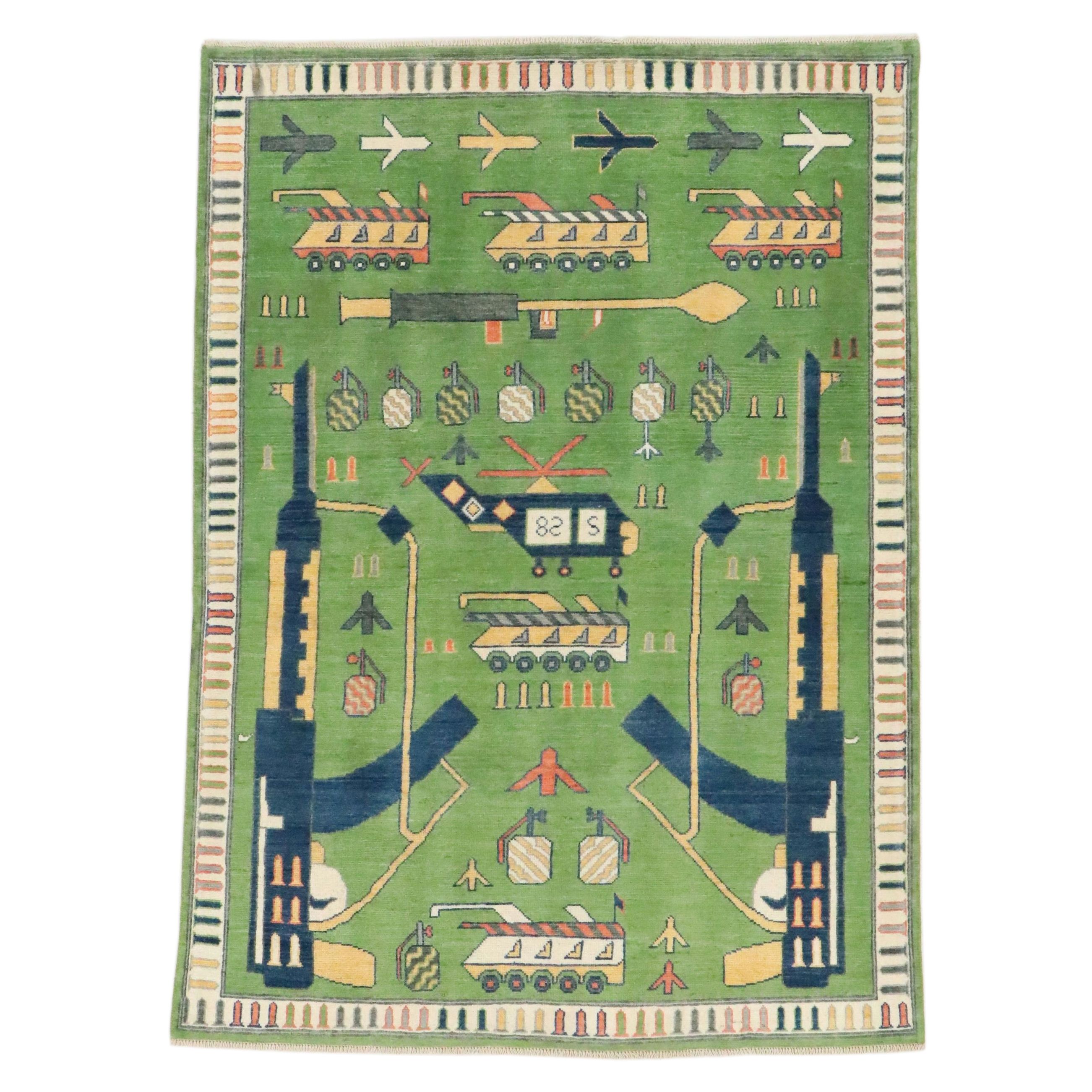 4'10 x 6'8 Hand-Knotted Afghan Pictorial War Area Rug