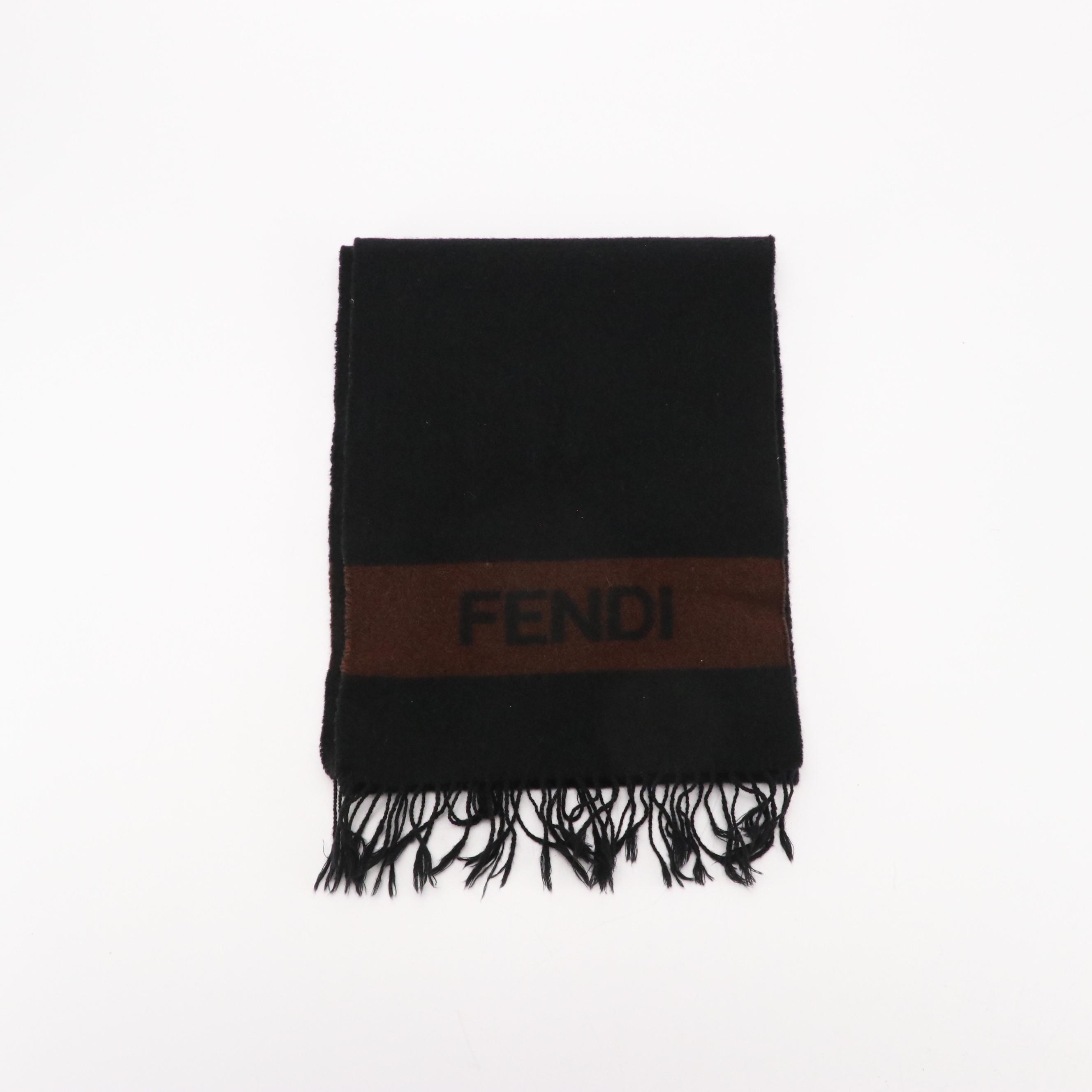 Fendi Cravatte Striped Logo Fringe Scarf in Black and Brown Wool