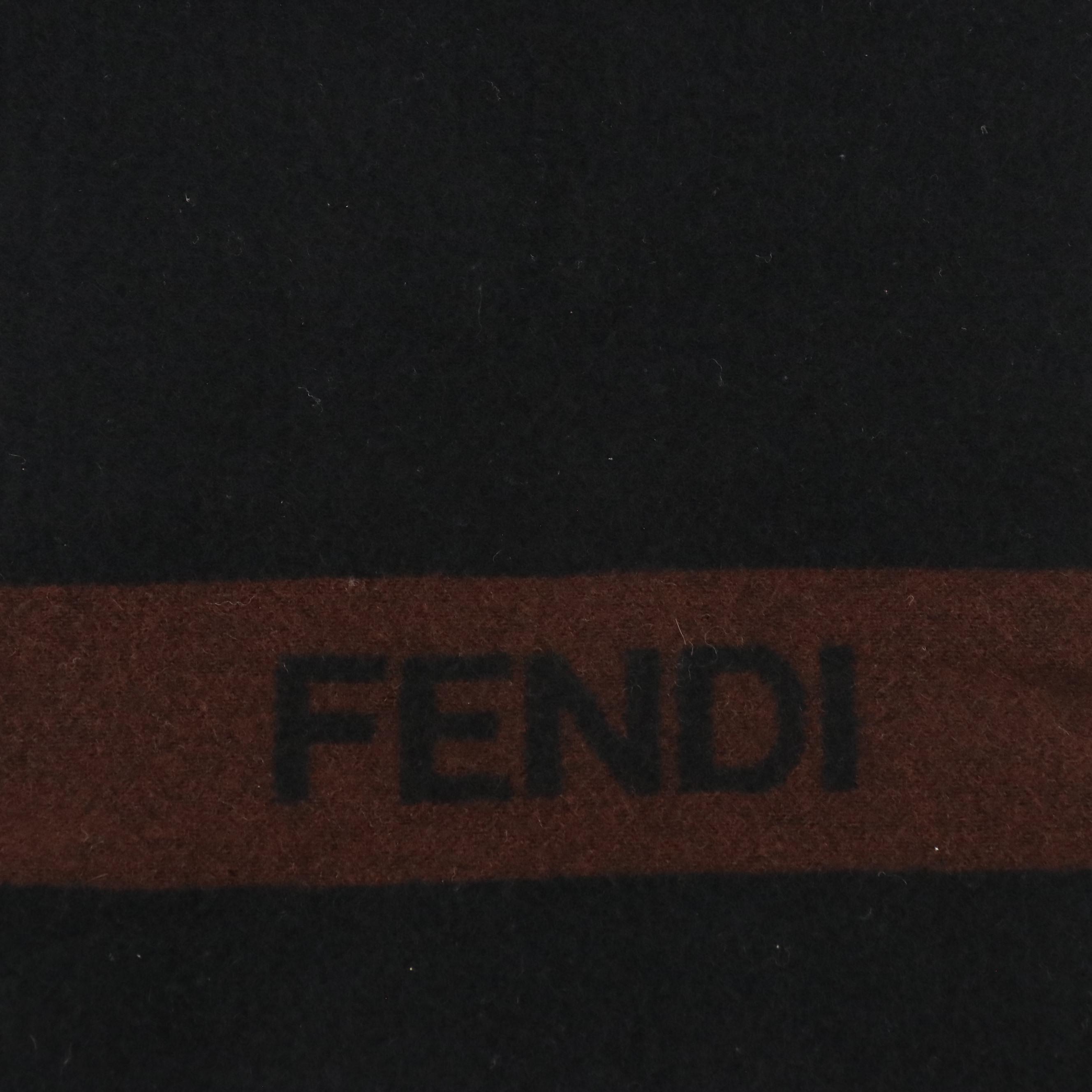 Fendi Cravatte Striped Logo Fringe Scarf in Black and Brown Wool