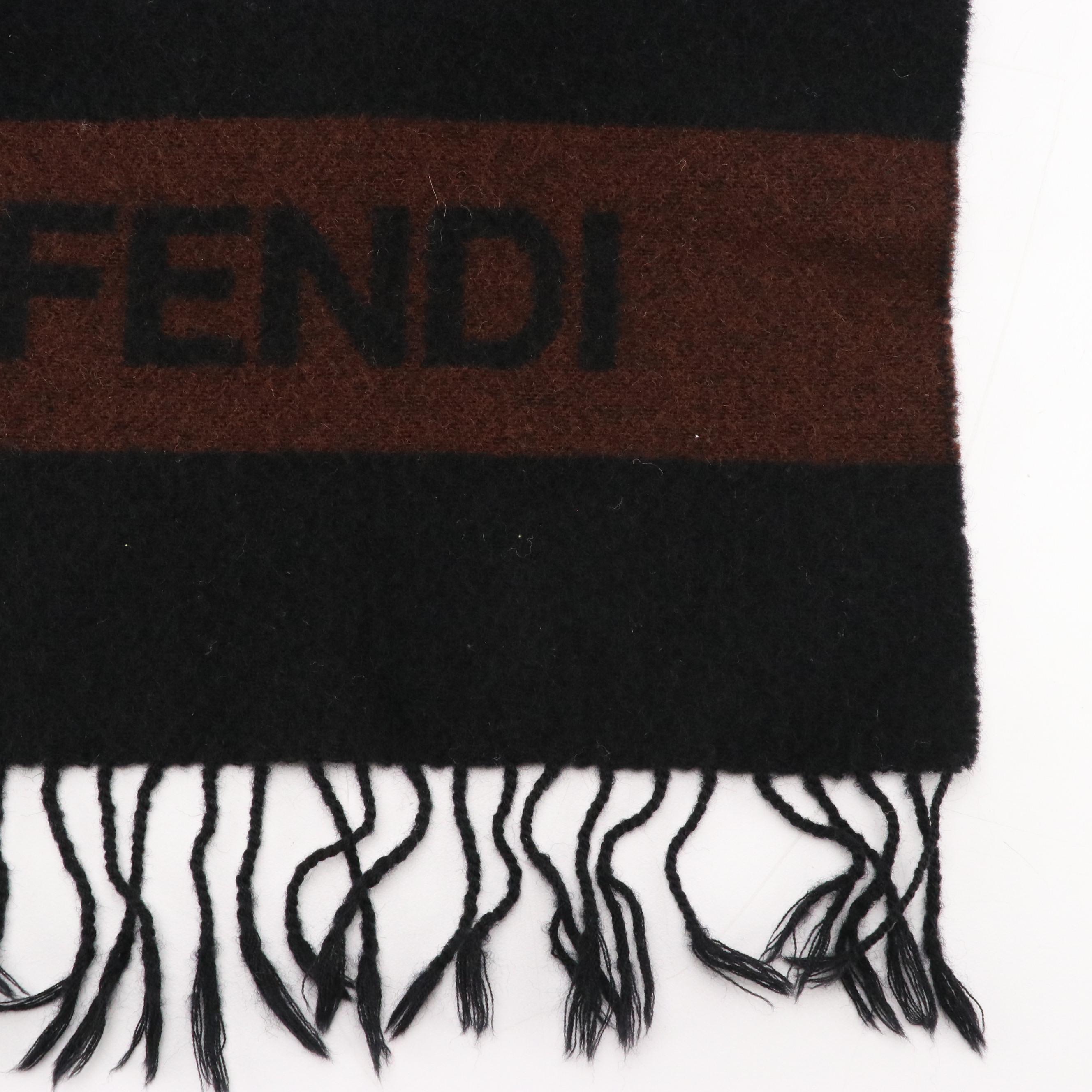 Fendi Cravatte Striped Logo Fringe Scarf in Black and Brown Wool