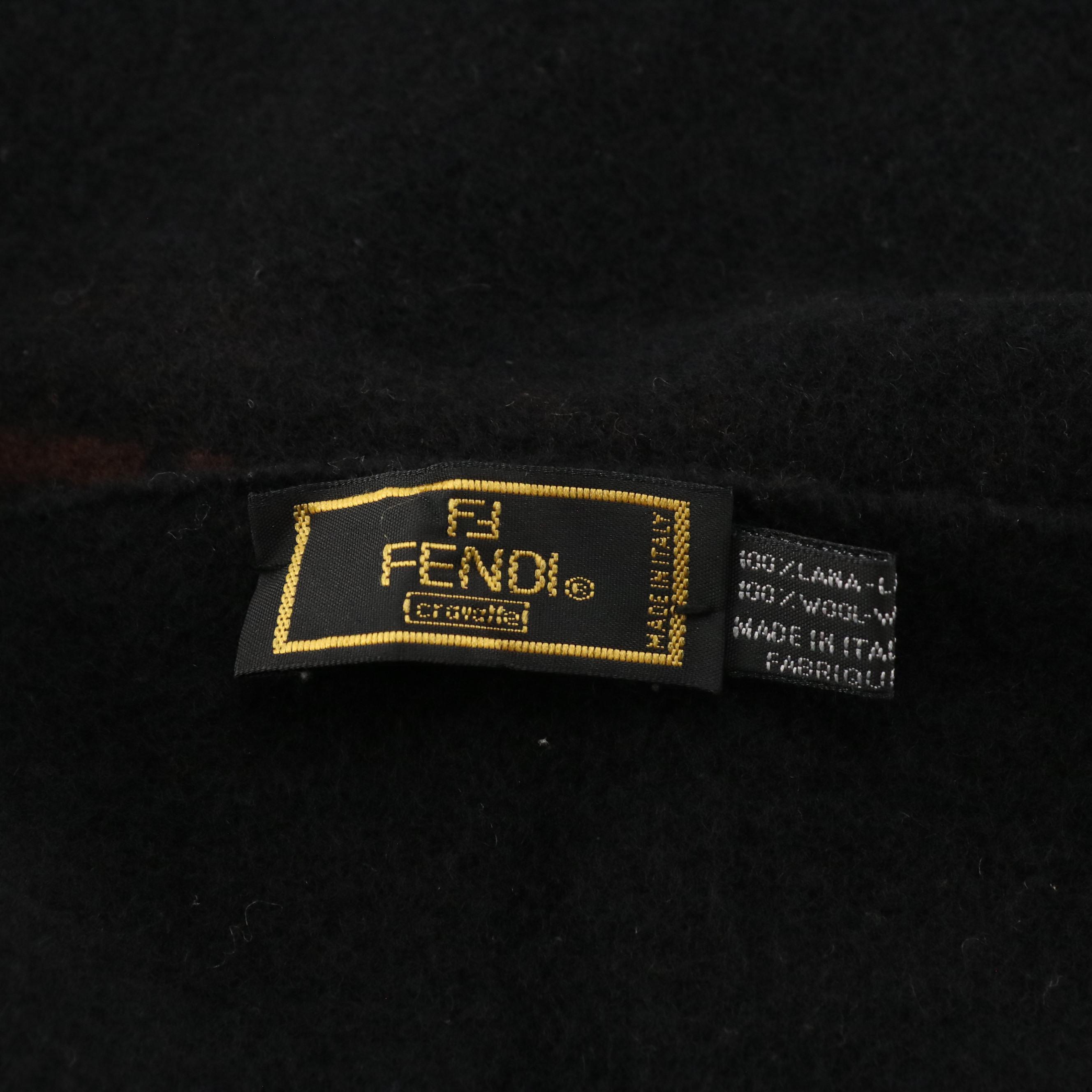Fendi Cravatte Striped Logo Fringe Scarf in Black and Brown Wool