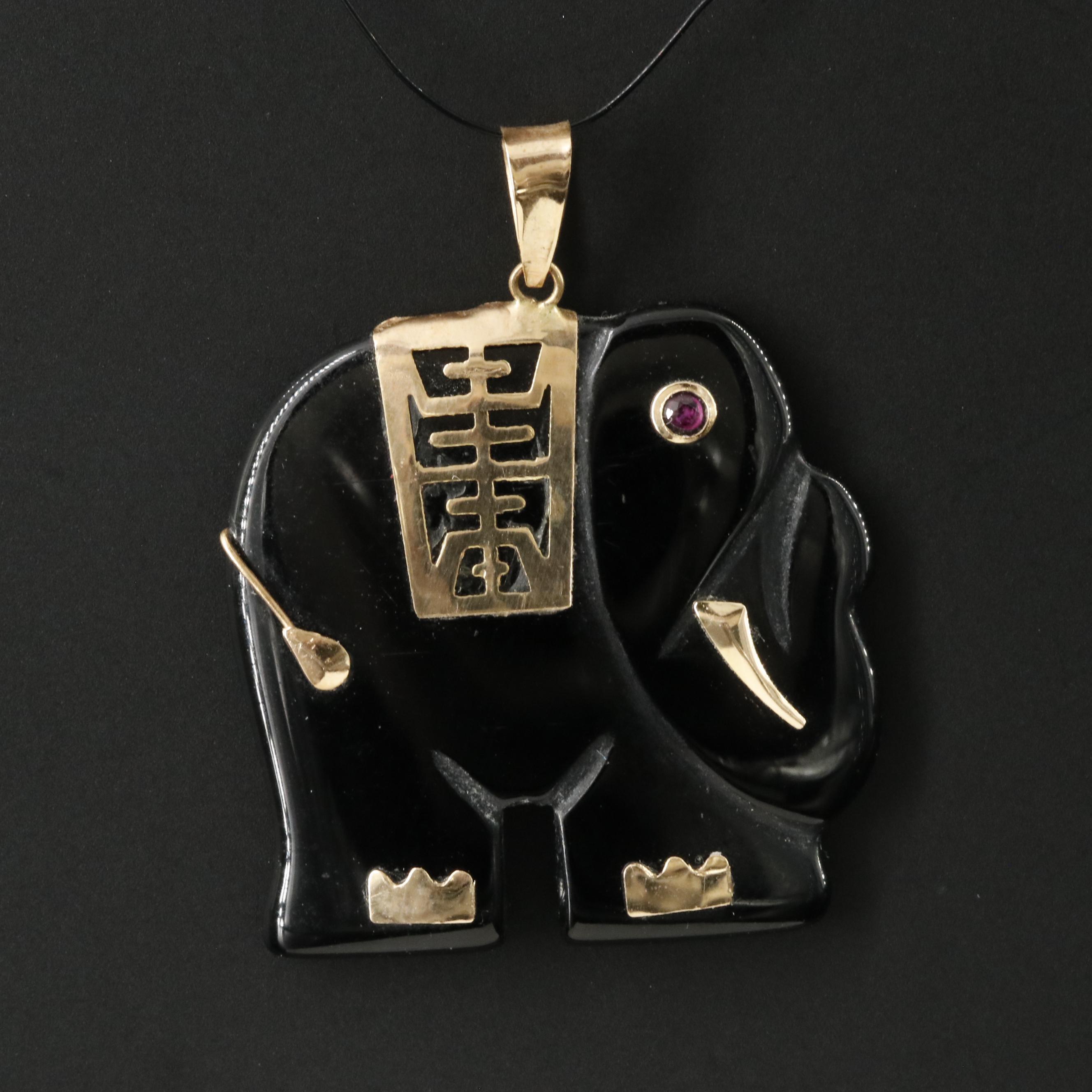 14K Black Onyx Longevity Elephant Pendant