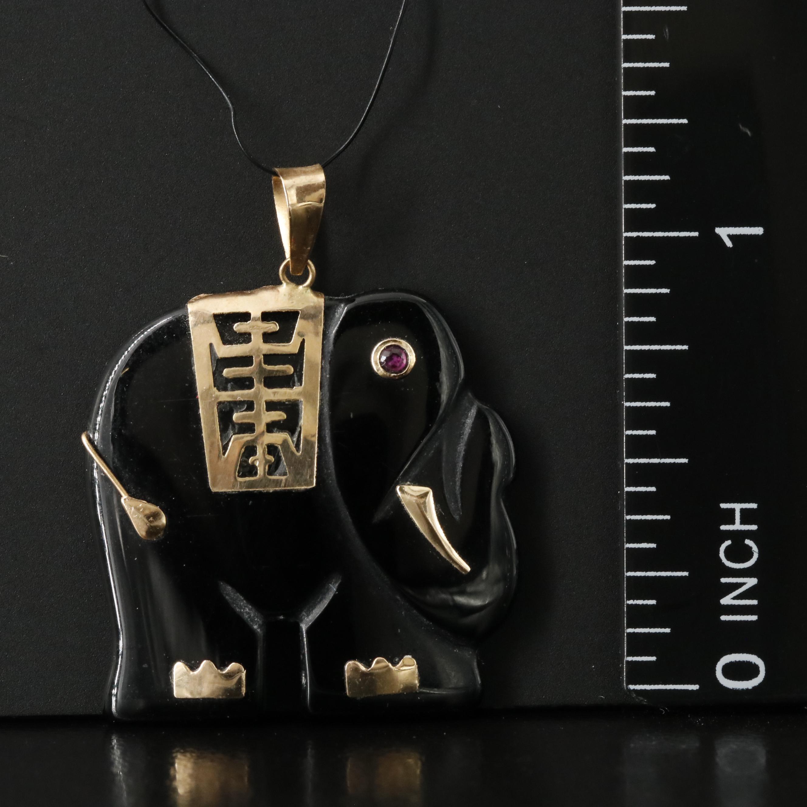 14K Black Onyx Longevity Elephant Pendant