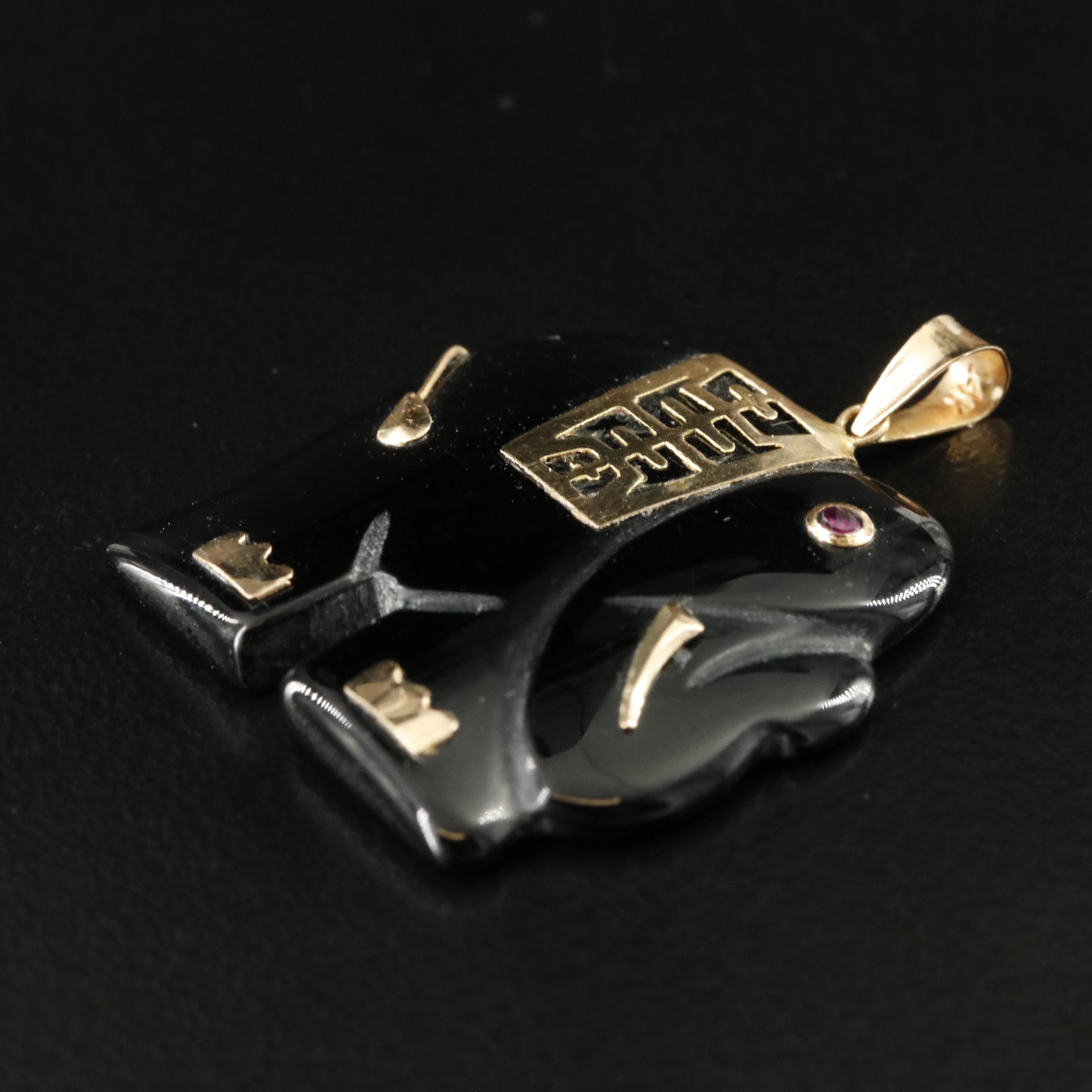 14K Black Onyx Longevity Elephant Pendant