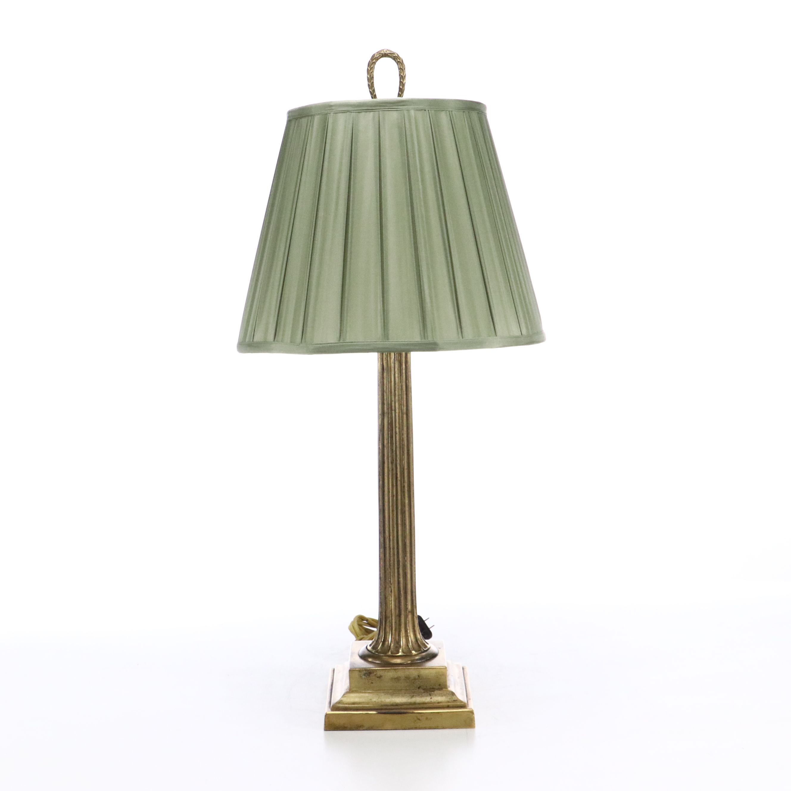 Neoclassical Style Aged Brass Pillar Lamp with Olive Silk Box Pleat Shade