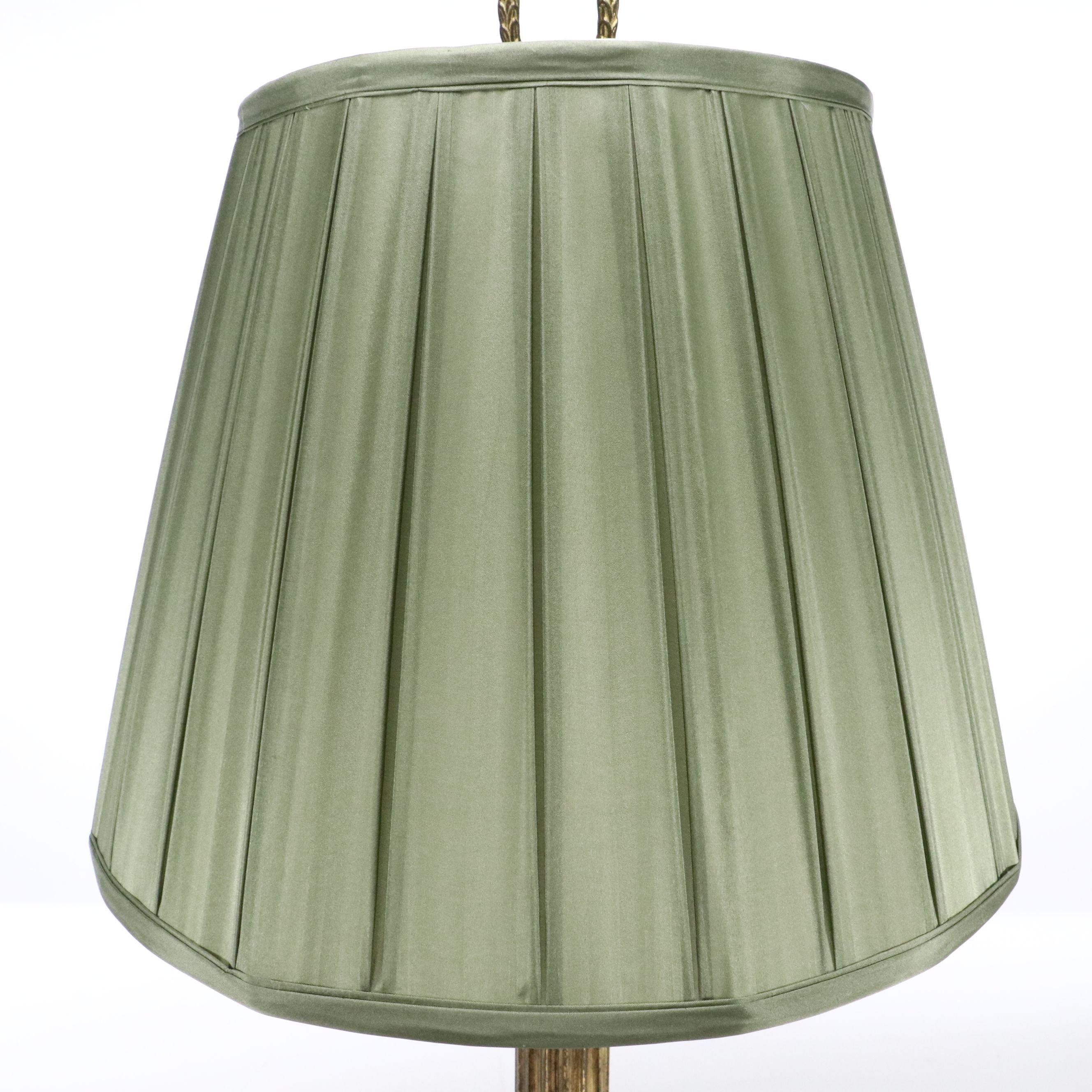 Neoclassical Style Aged Brass Pillar Lamp with Olive Silk Box Pleat Shade