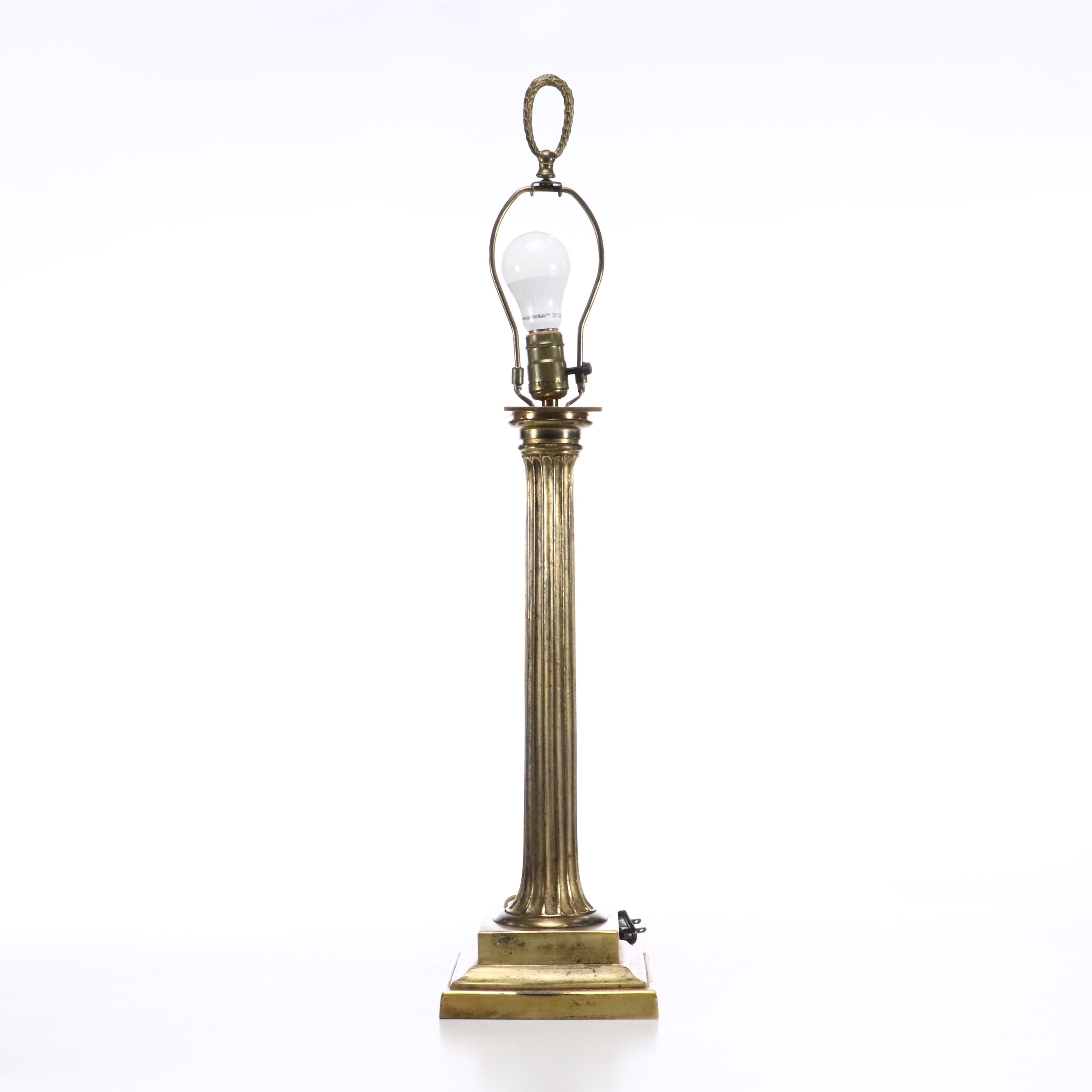 Neoclassical Style Aged Brass Pillar Lamp with Olive Silk Box Pleat Shade