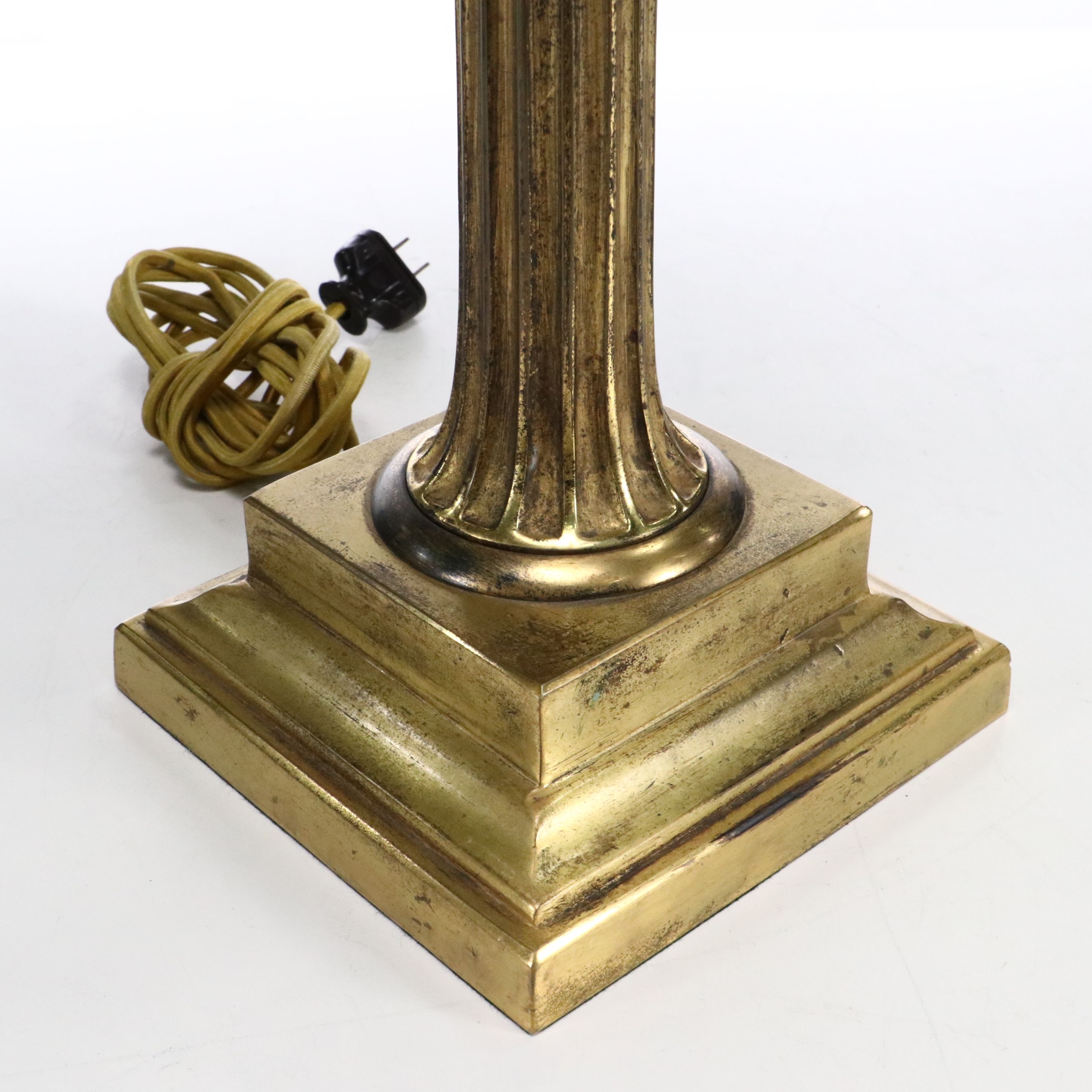 Neoclassical Style Aged Brass Pillar Lamp with Olive Silk Box Pleat Shade