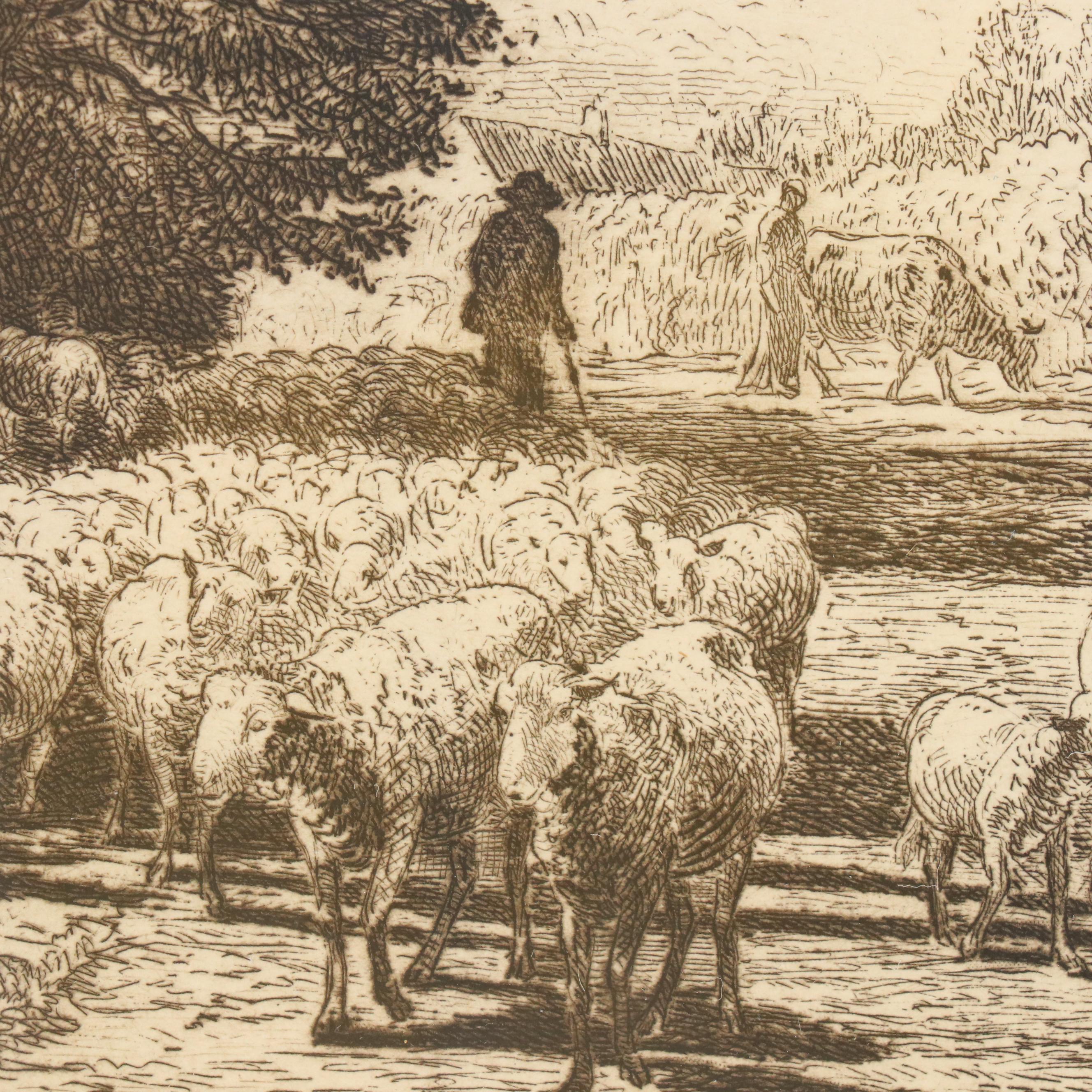 Joseph Foxcroft Cole Etching "Village Street in France," Circa 1866