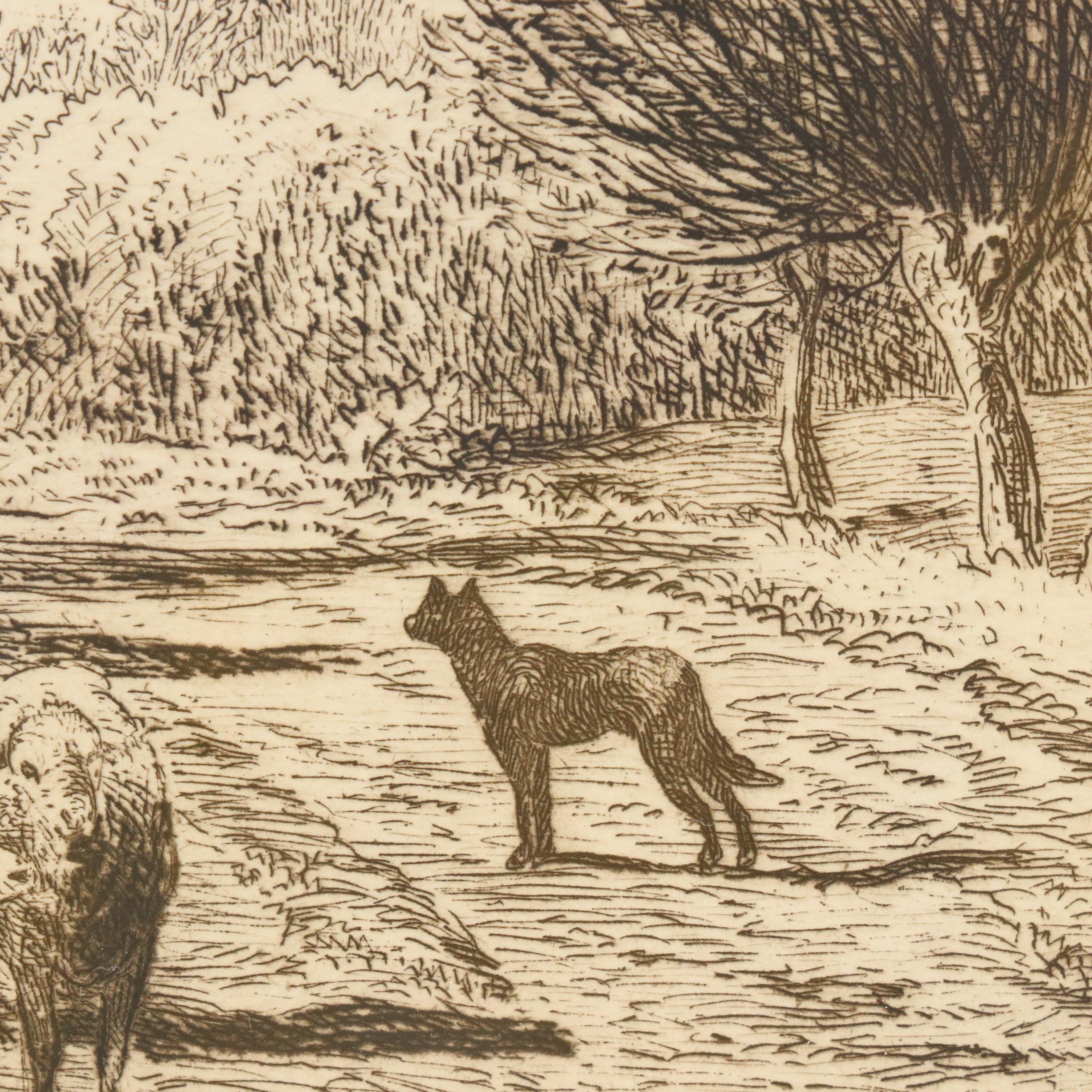 Joseph Foxcroft Cole Etching "Village Street in France," Circa 1866