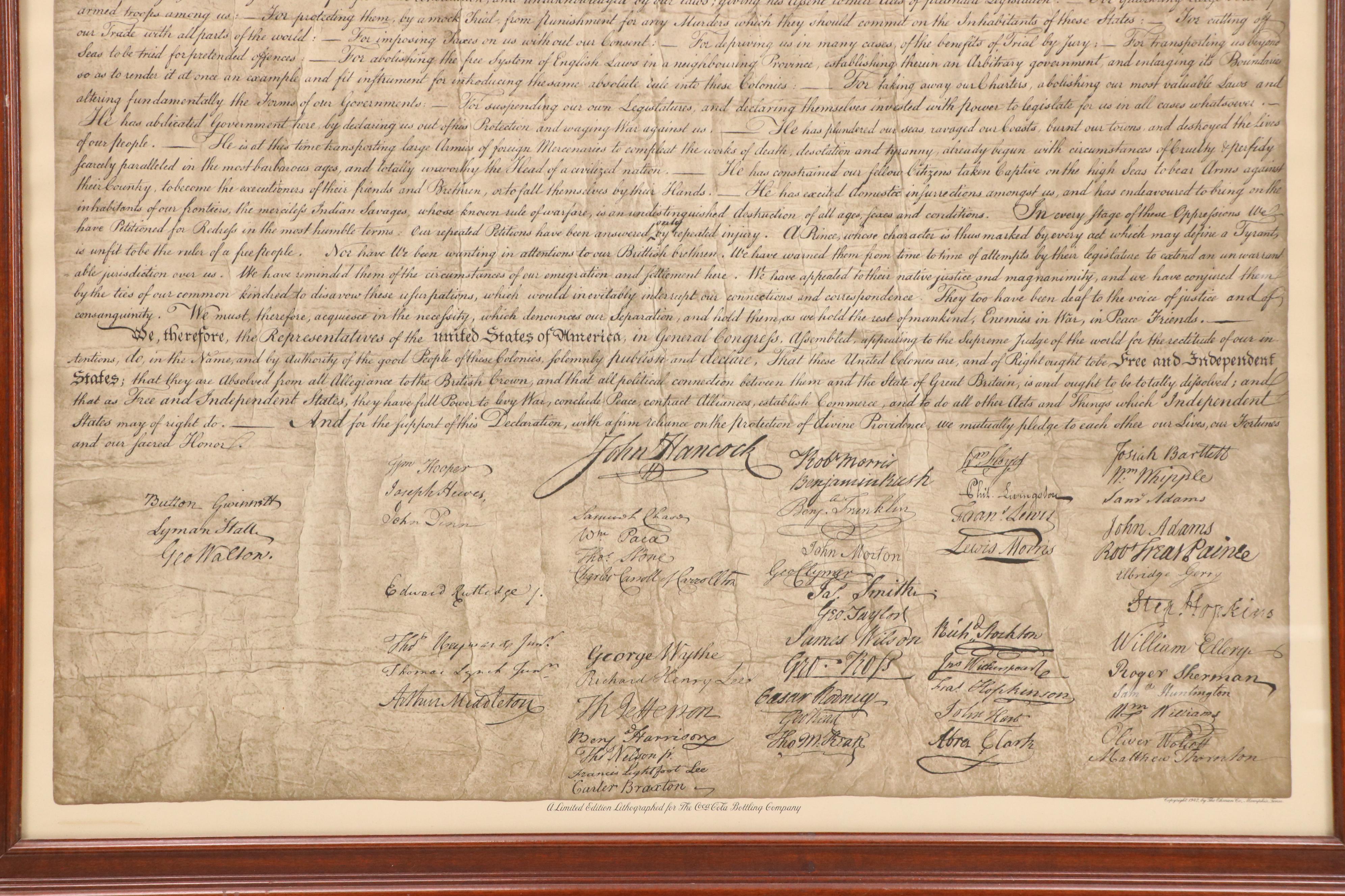 Coca-Cola Offset Lithograph Reproduction of the Declaration of Independence