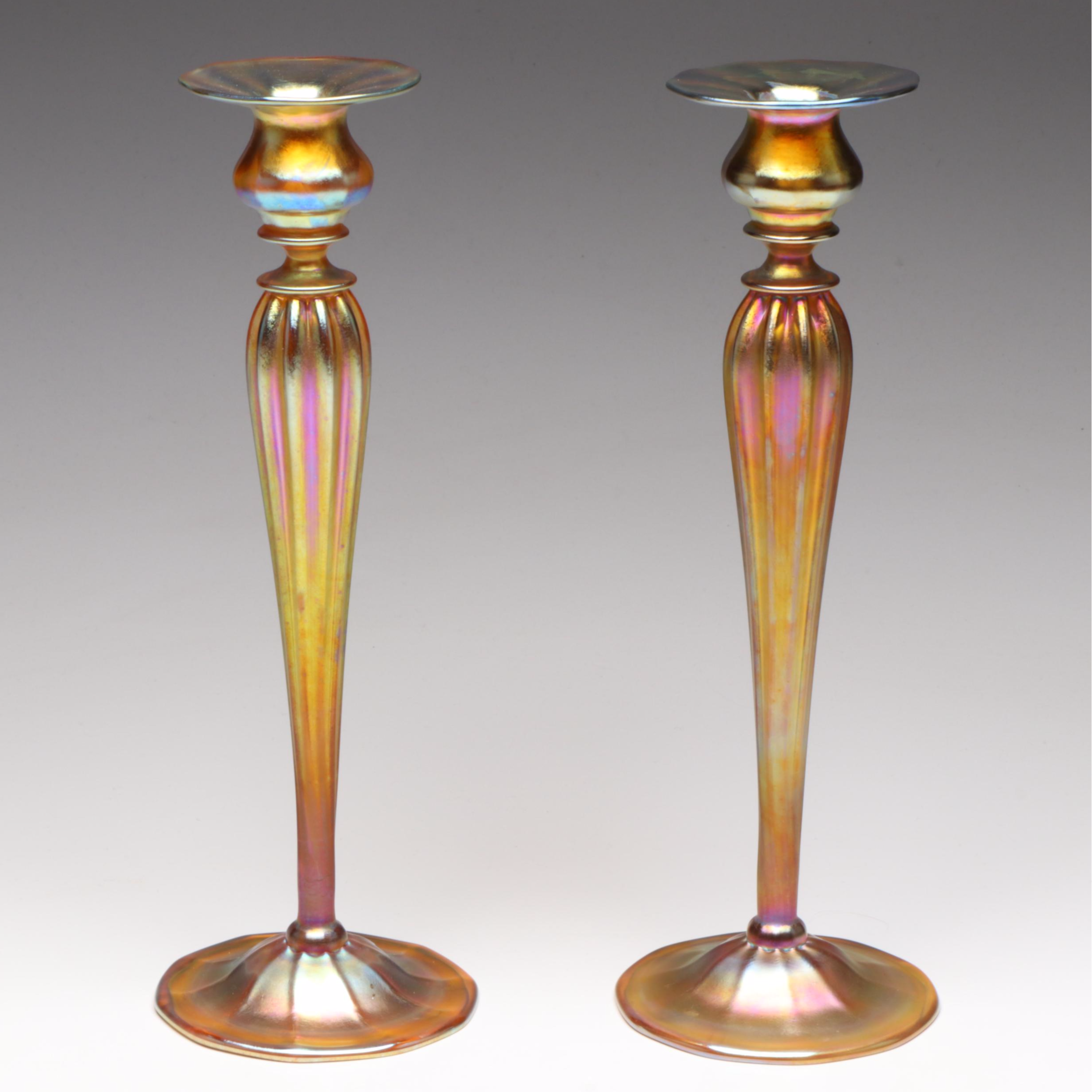 Louis Comfort Tiffany Favrile Art Glass Candlesticks, Early 20th Century