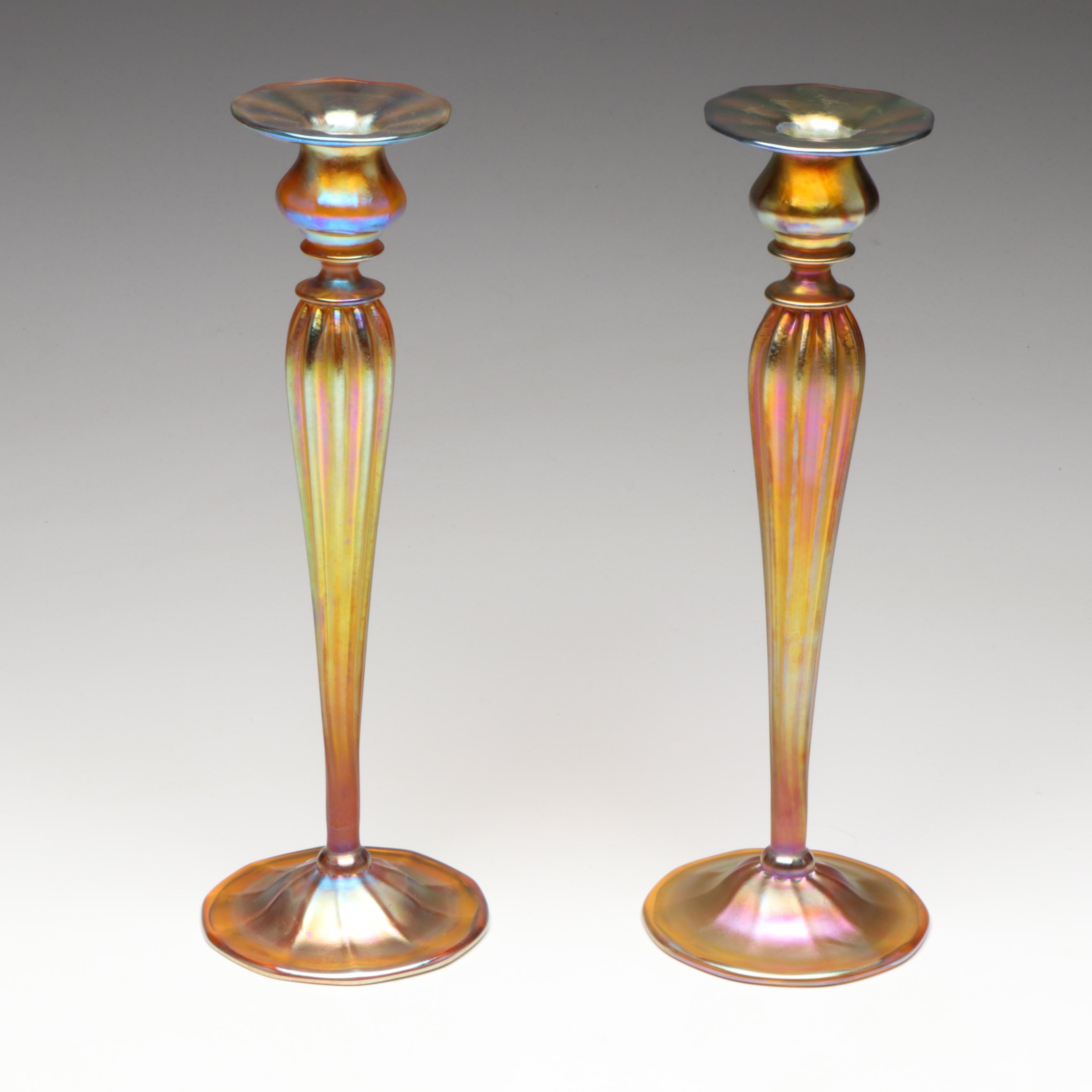 Louis Comfort Tiffany Favrile Art Glass Candlesticks, Early 20th Century