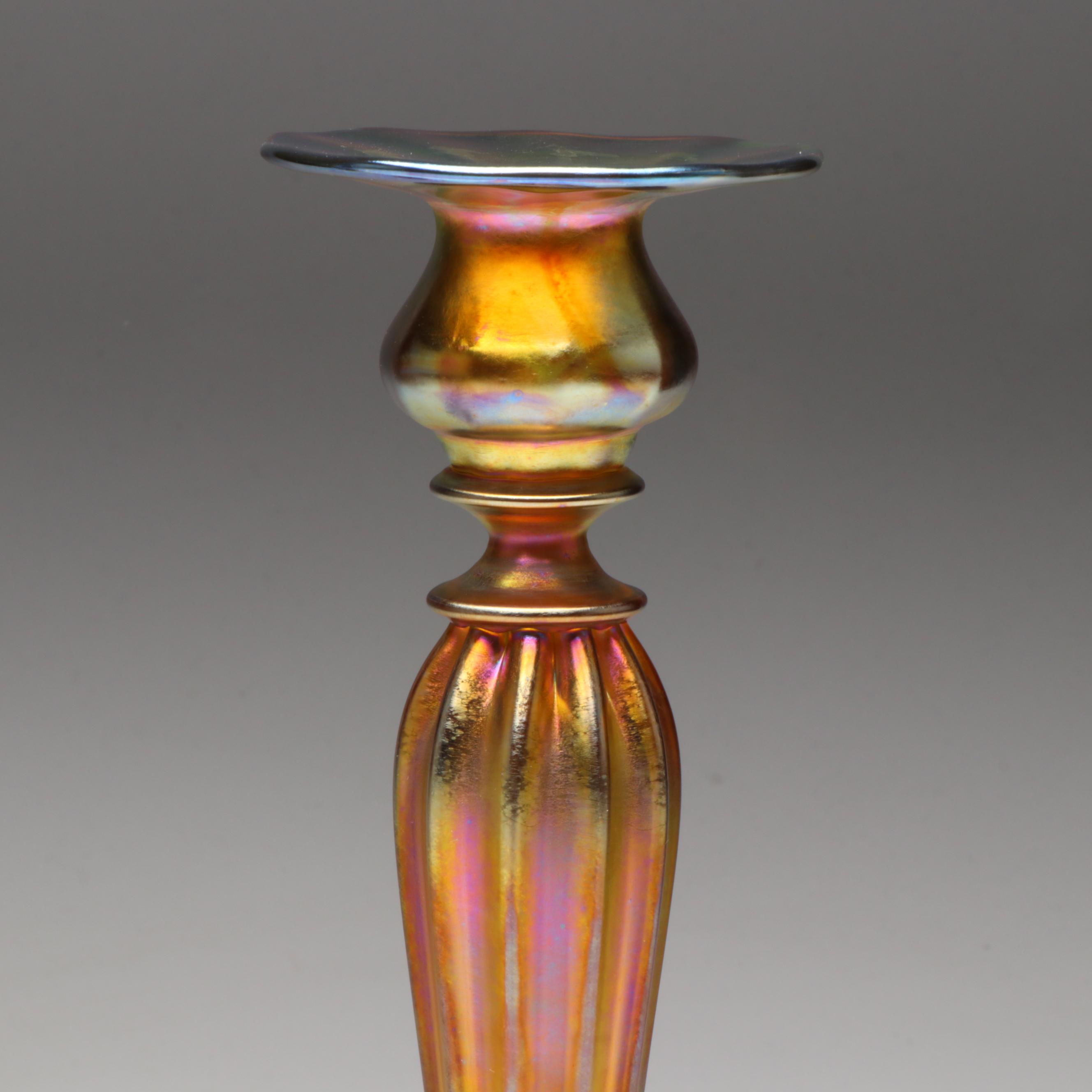 Louis Comfort Tiffany Favrile Art Glass Candlesticks, Early 20th Century