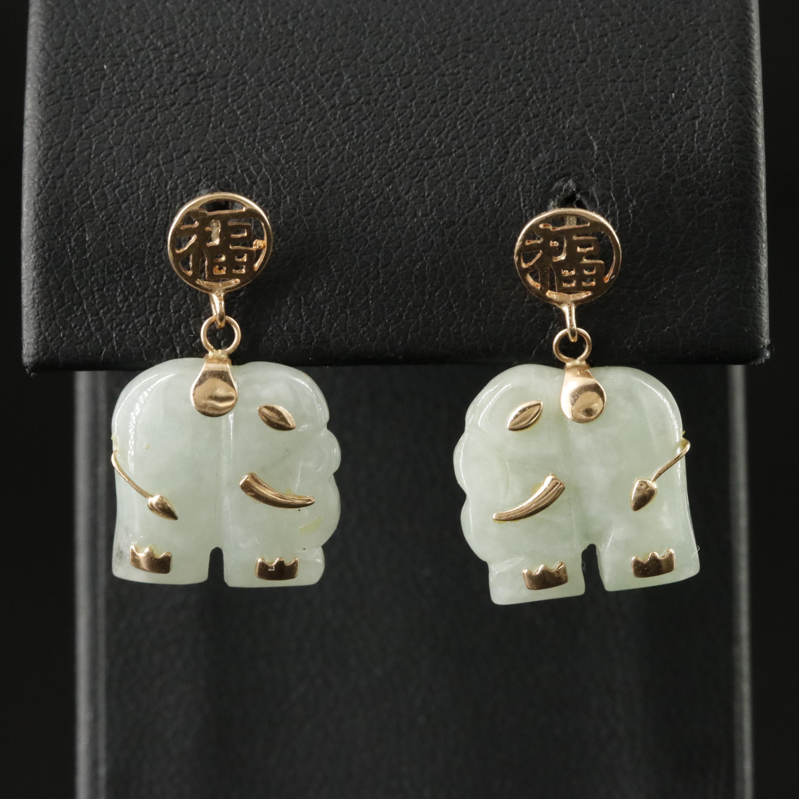 10K Jadeite Longevity Elephant Pendant and Good Fortune Earrings