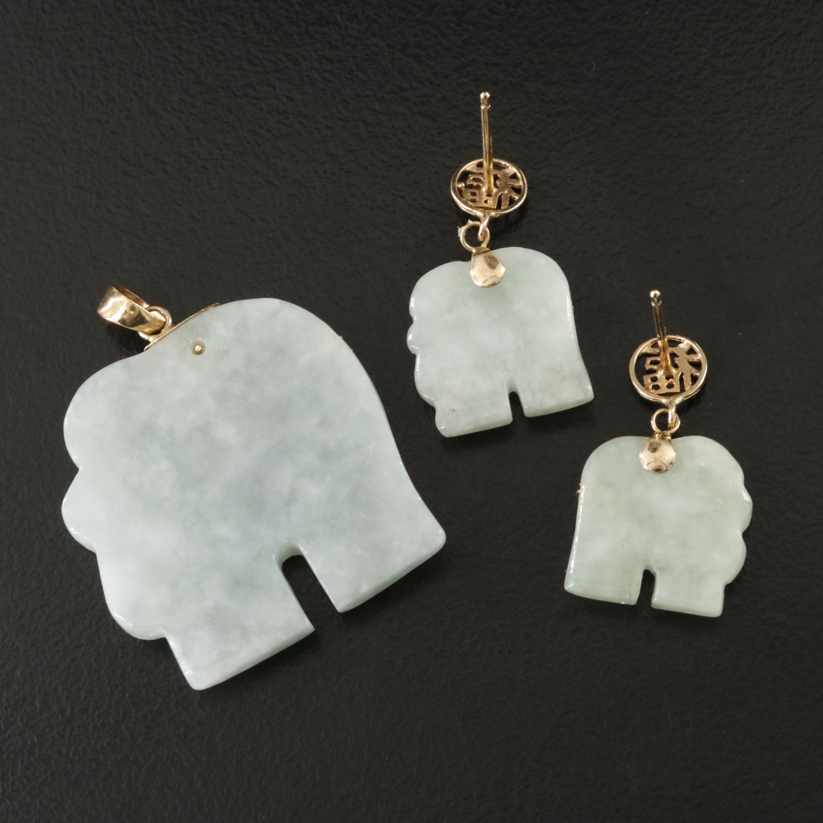 10K Jadeite Longevity Elephant Pendant and Good Fortune Earrings