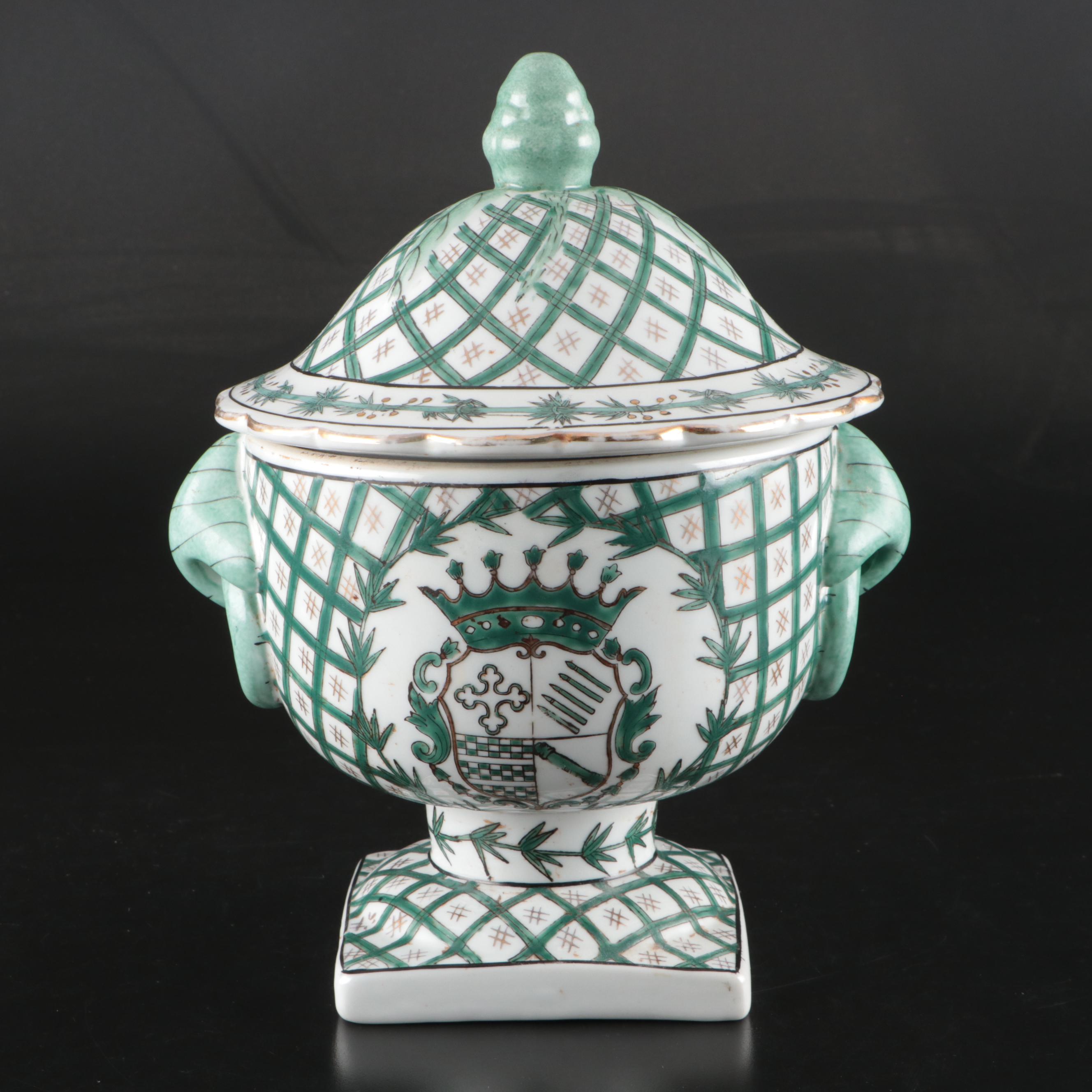 Chinese French Armorial Style Green and White Porcelain Lidded Urn