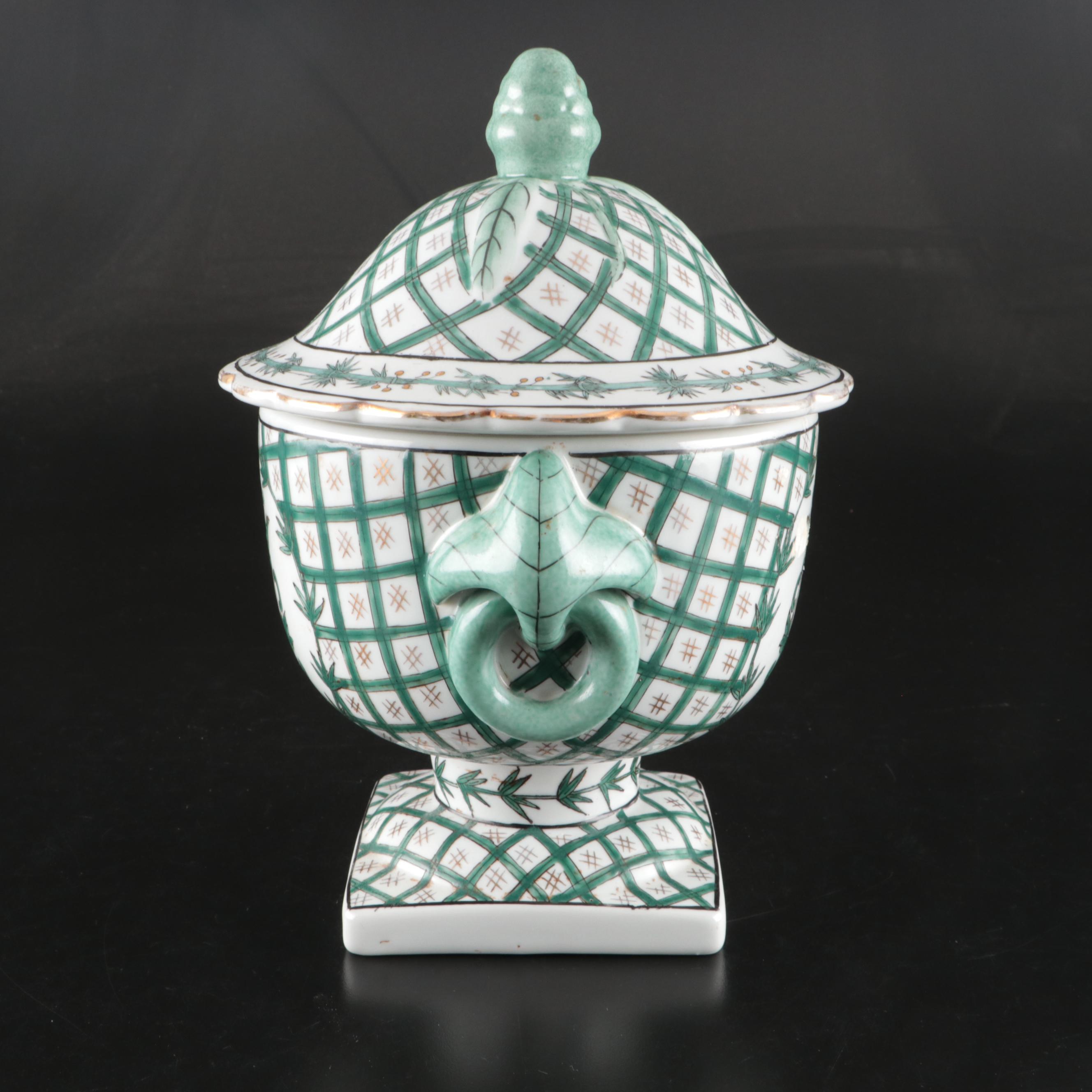 Chinese French Armorial Style Green and White Porcelain Lidded Urn