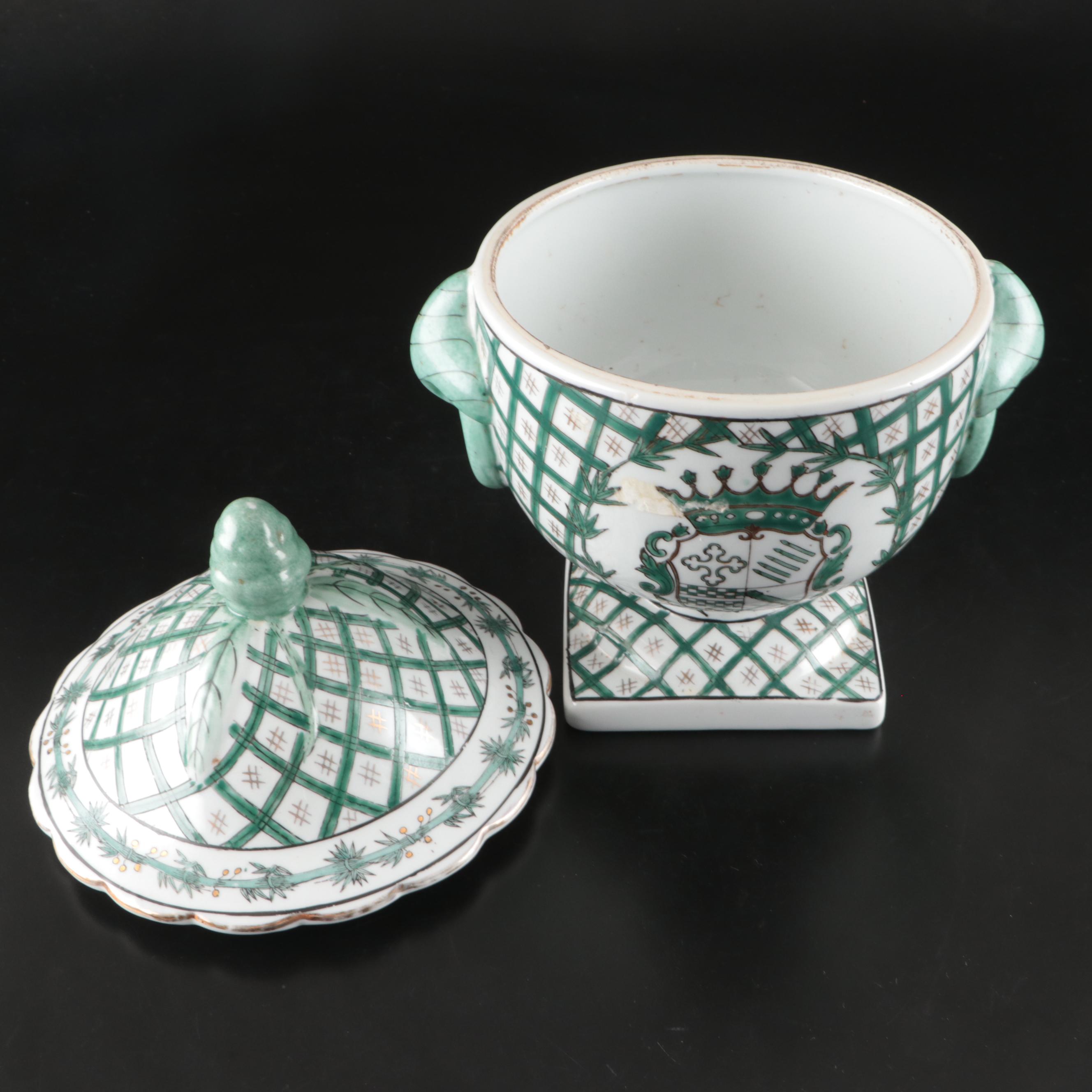 Chinese French Armorial Style Green and White Porcelain Lidded Urn