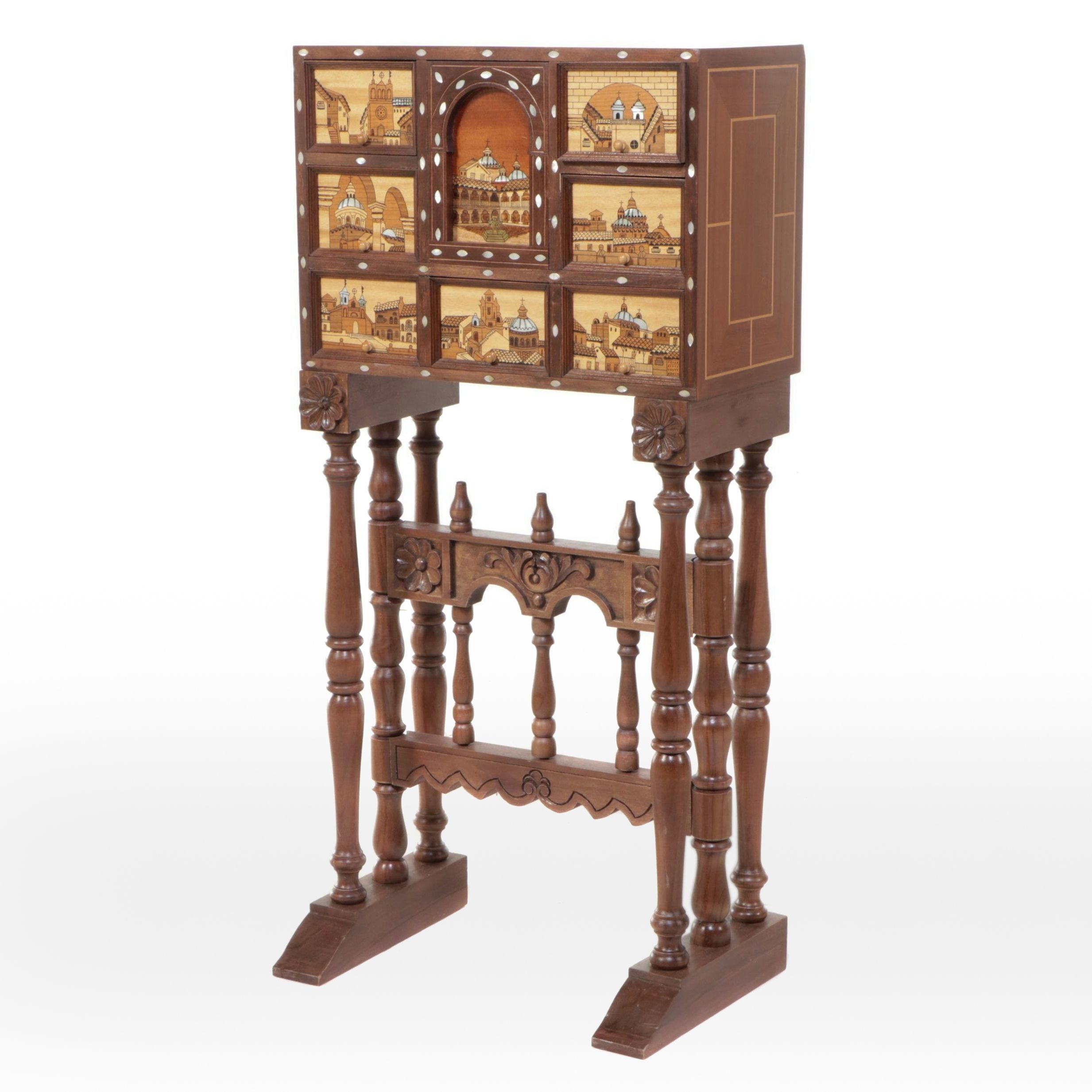 Mahogany & MOP Vargueno Travel Cabinet with Painted Mudéjar Scenes, Ornate Stand