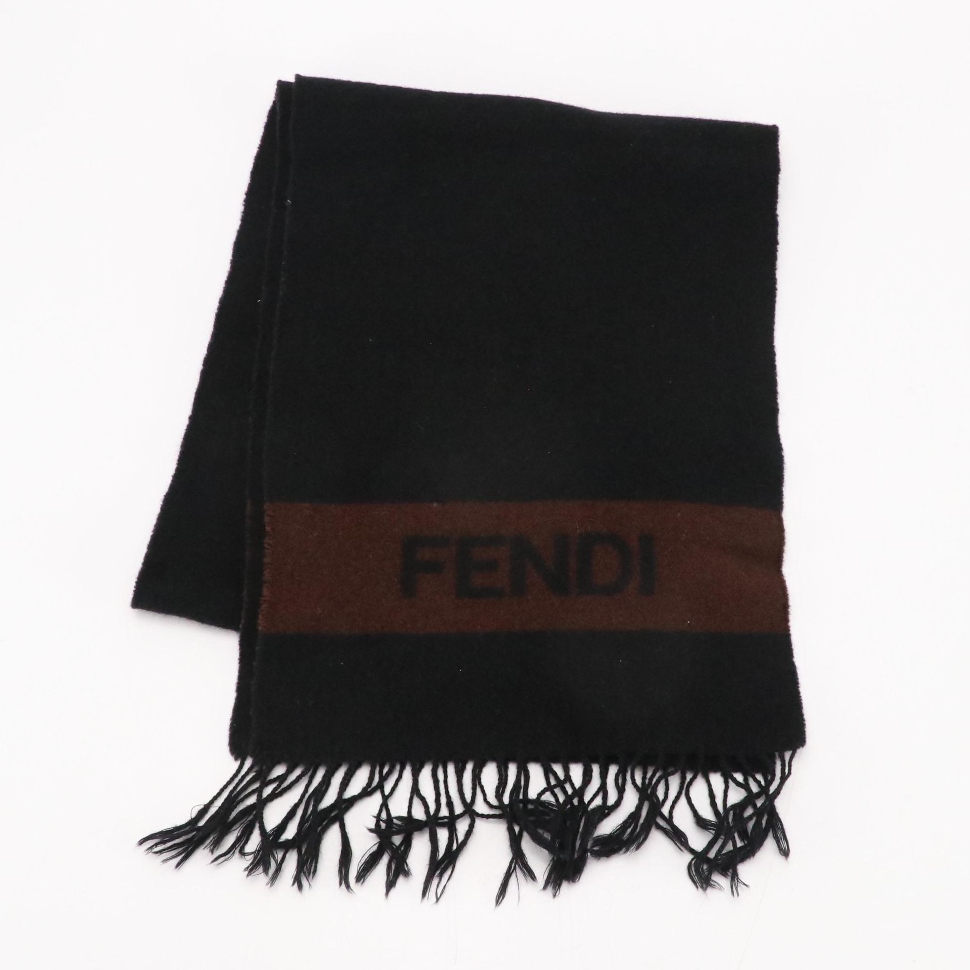 Fendi Cravatte Striped Logo Fringe Scarf in Black and Brown Wool