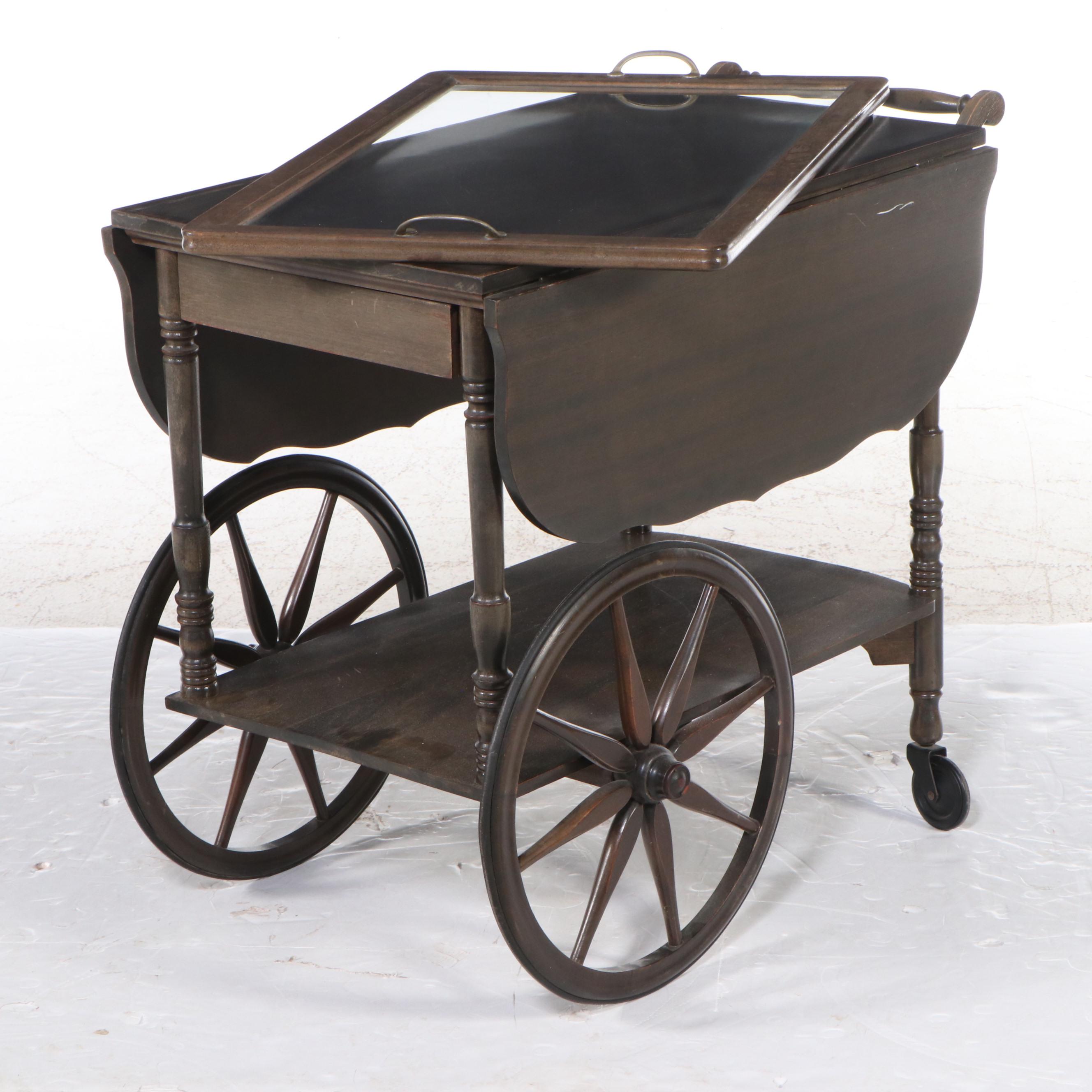 Wood Drop-Leaf Tray-Top Serving Cart, Late 20th Century