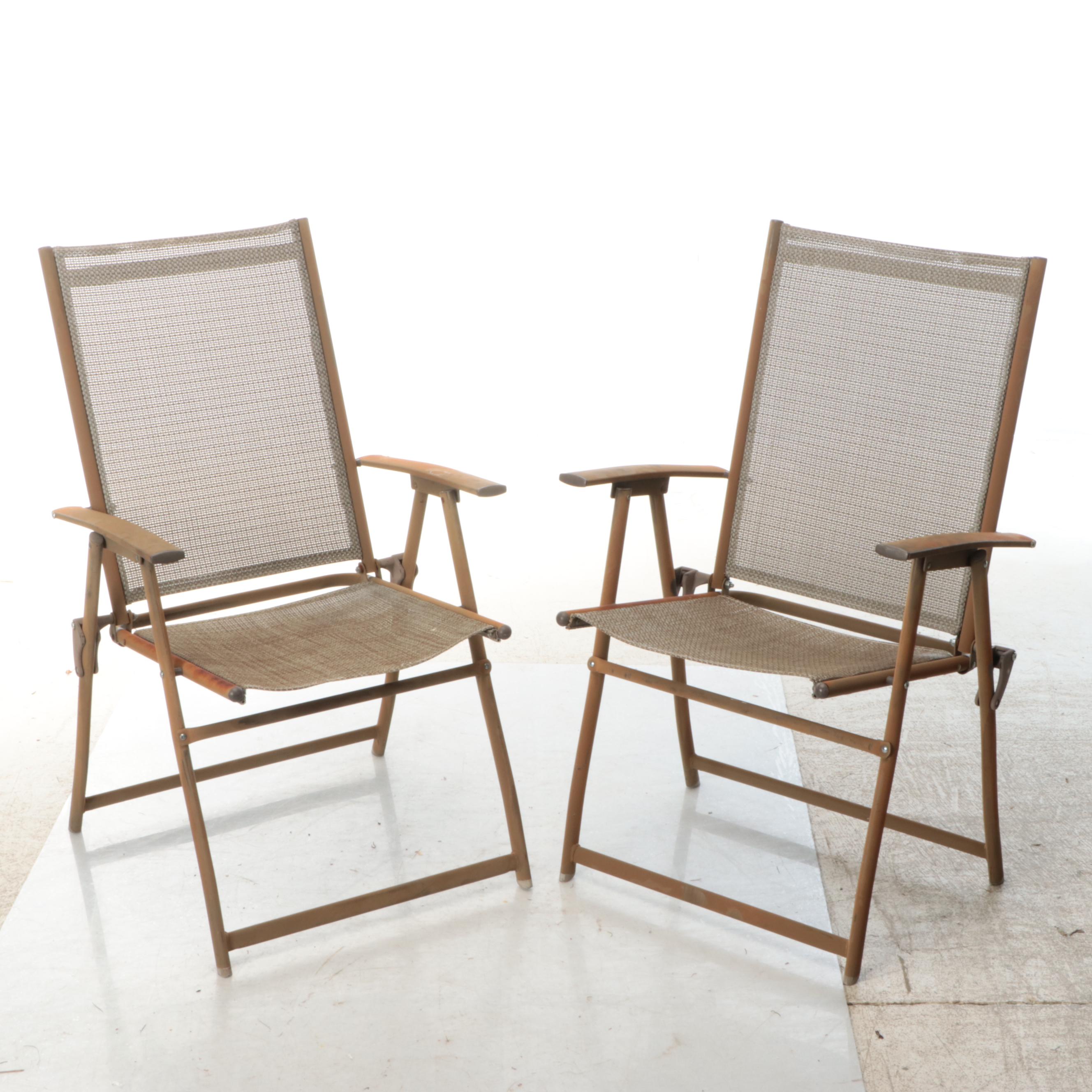 Pair of Metal and Mesh Folding Patio Chairs with Accent Table