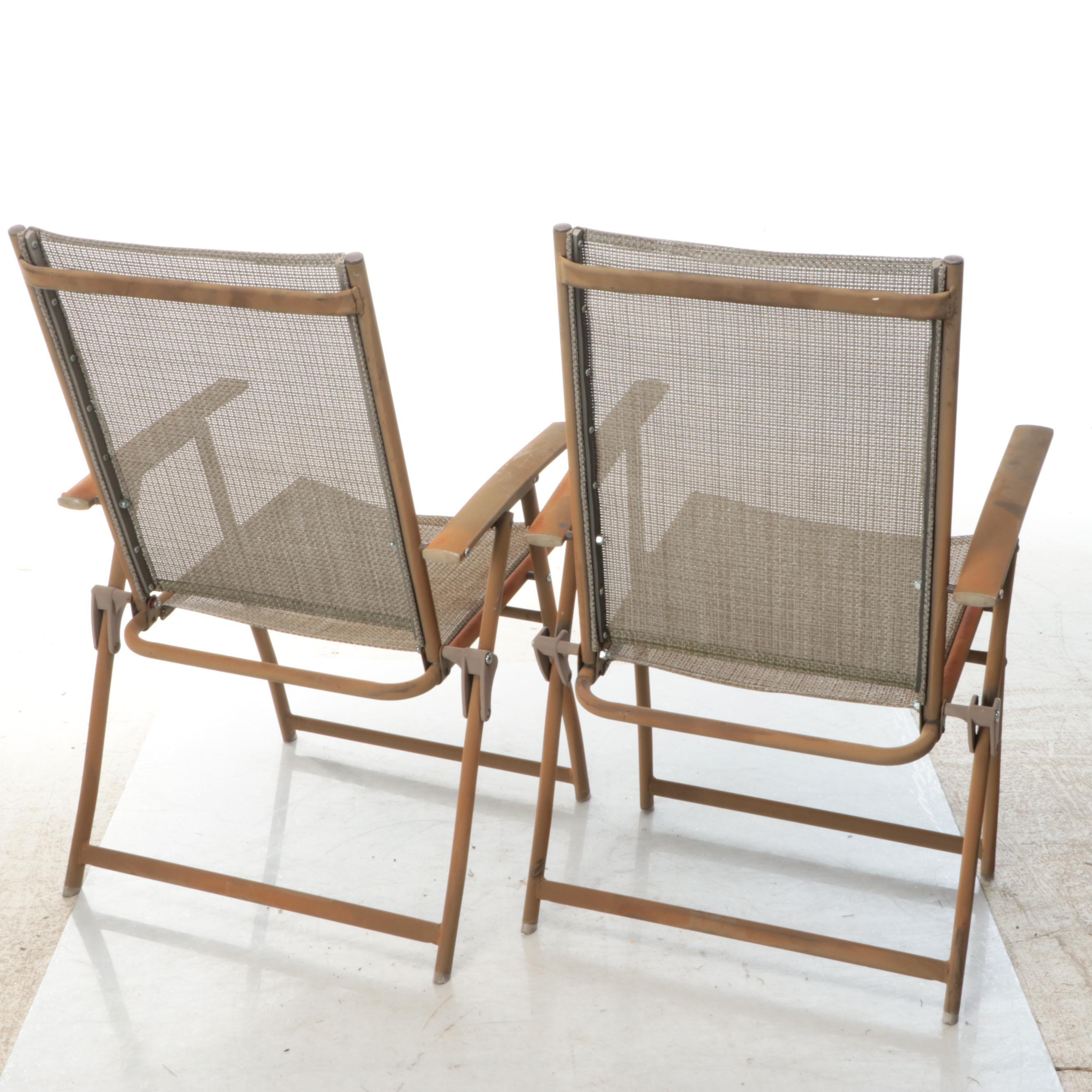 Pair of Metal and Mesh Folding Patio Chairs with Accent Table
