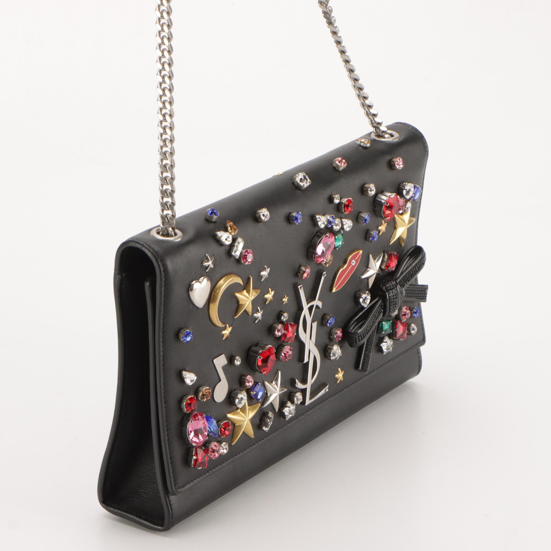 Saint Laurent Kate Shoulder Bag in Rhinestone Embellished Black Calfskin Leather