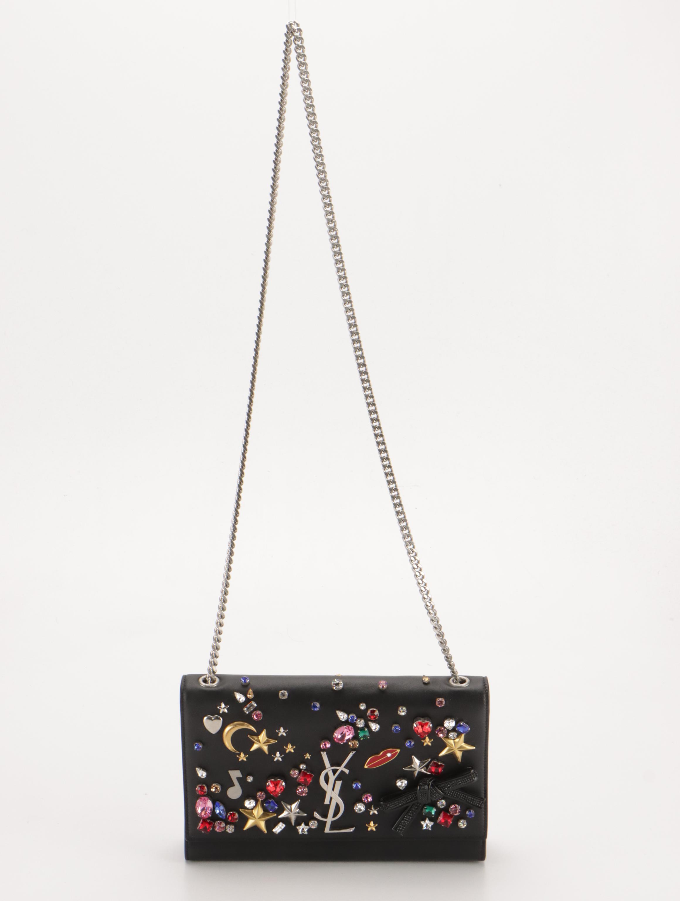 Saint Laurent Kate Shoulder Bag in Rhinestone Embellished Black Calfskin Leather