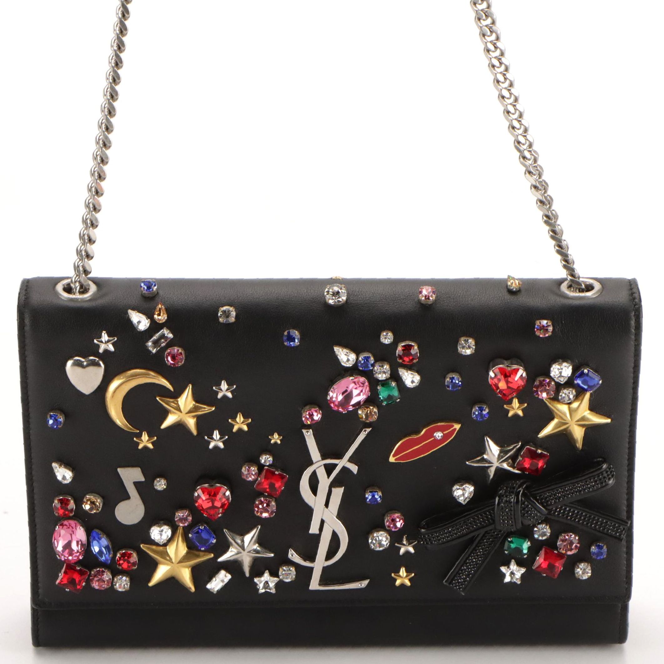 Saint Laurent Kate Shoulder Bag in Rhinestone Embellished Black Calfskin Leather
