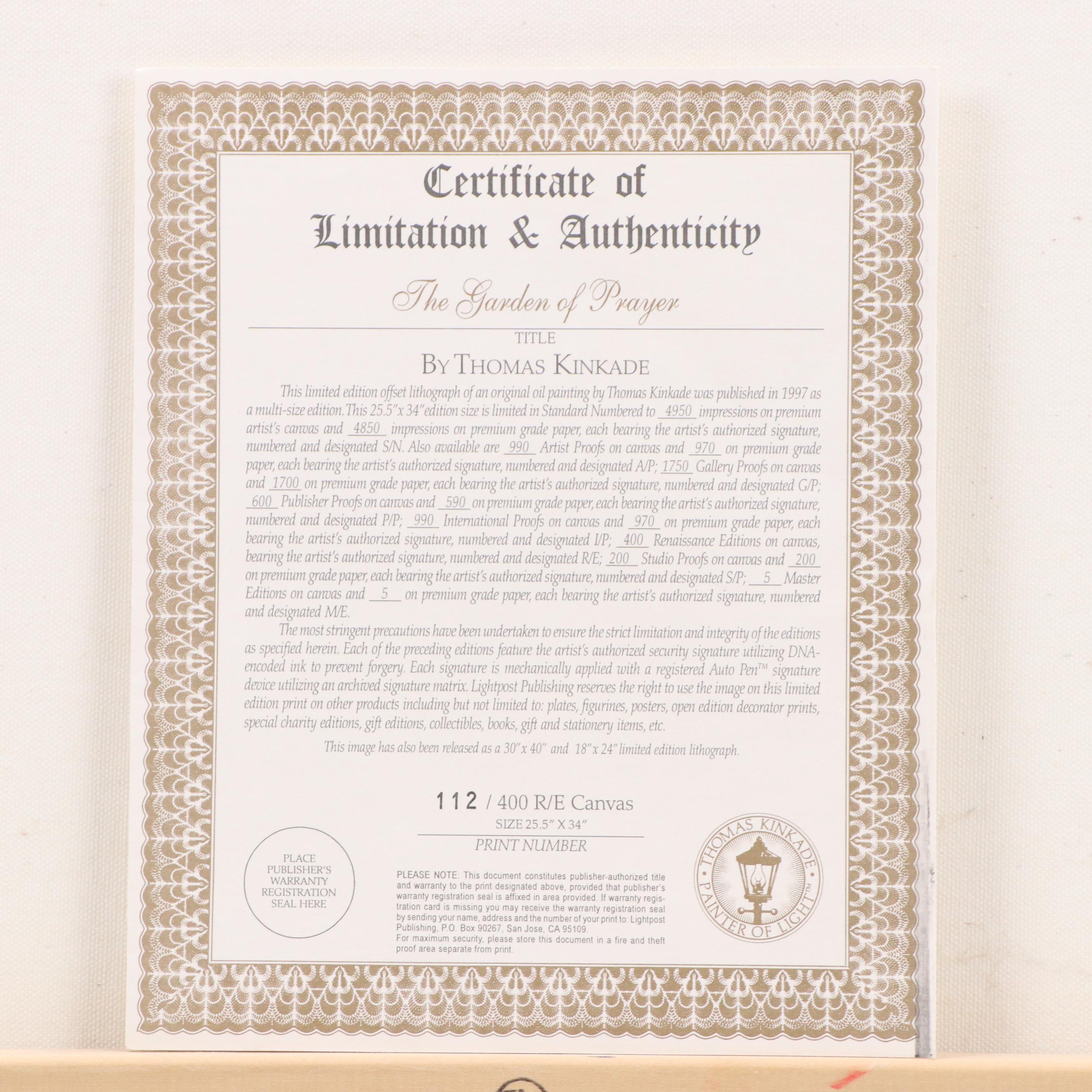 Thomas Kincade Embellished Offset Lithograph "The Garden of Prayer"