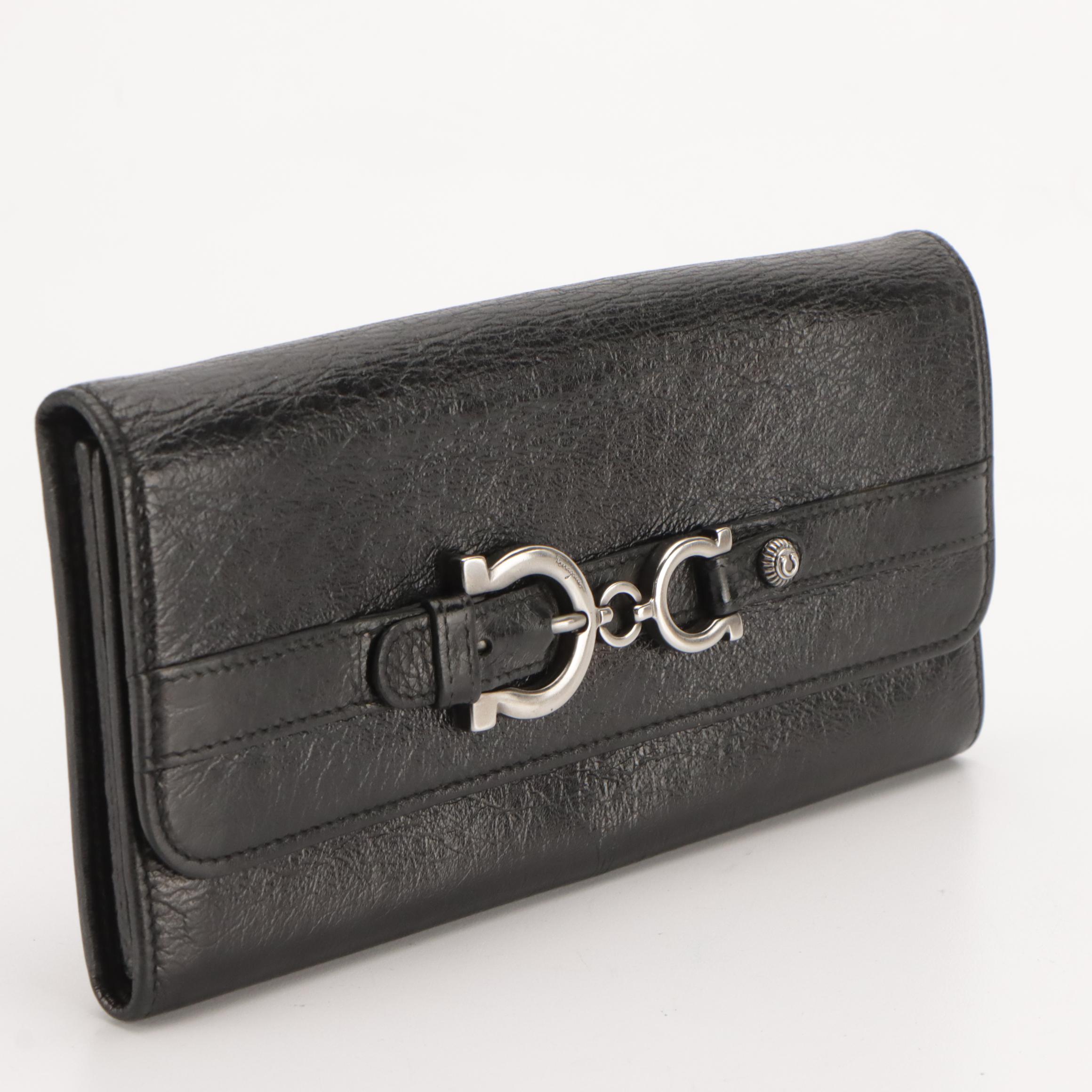 Salvatore Ferragamo Gancini Buckle Long Wallet in Crinkled Calfskin Leather