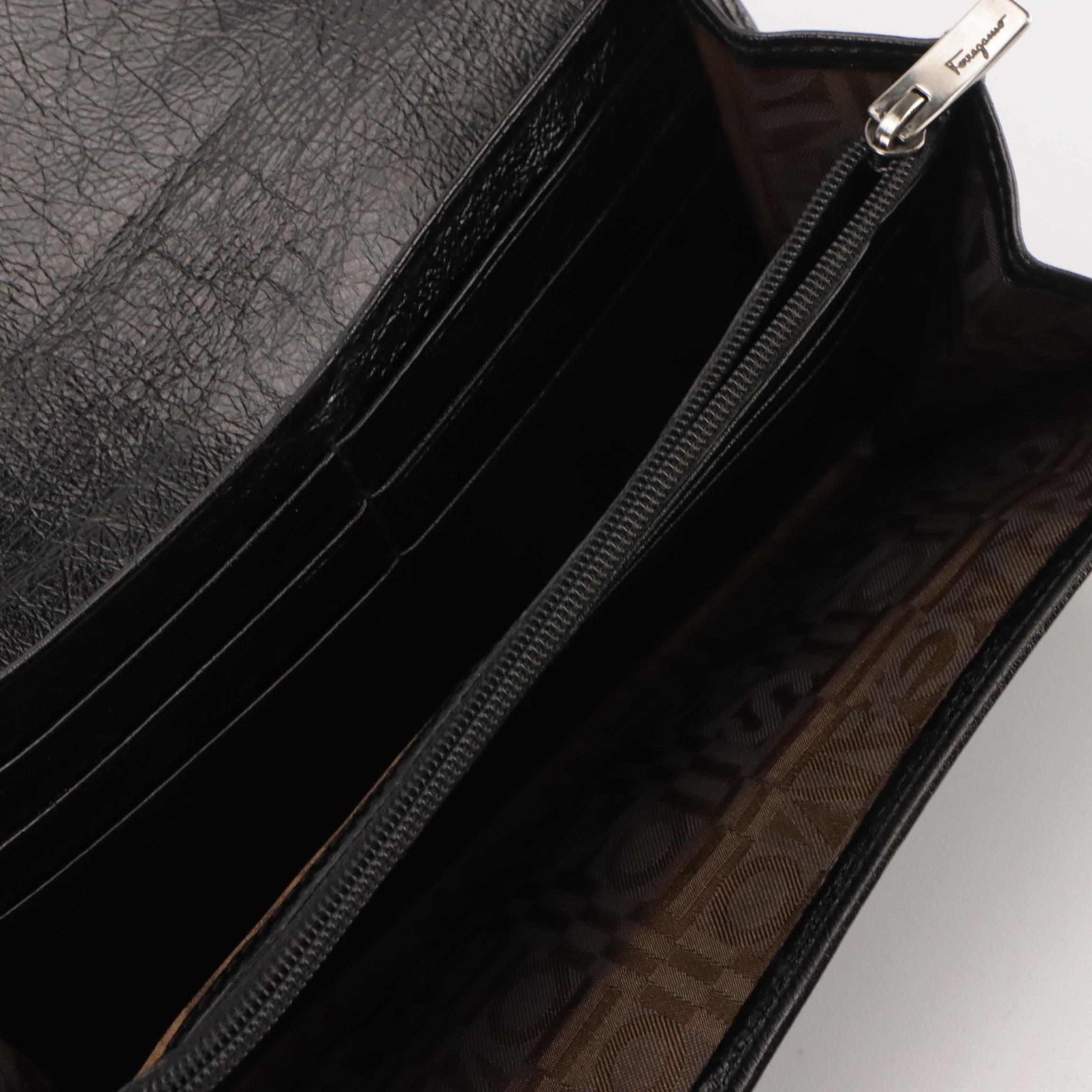 Salvatore Ferragamo Gancini Buckle Long Wallet in Crinkled Calfskin Leather