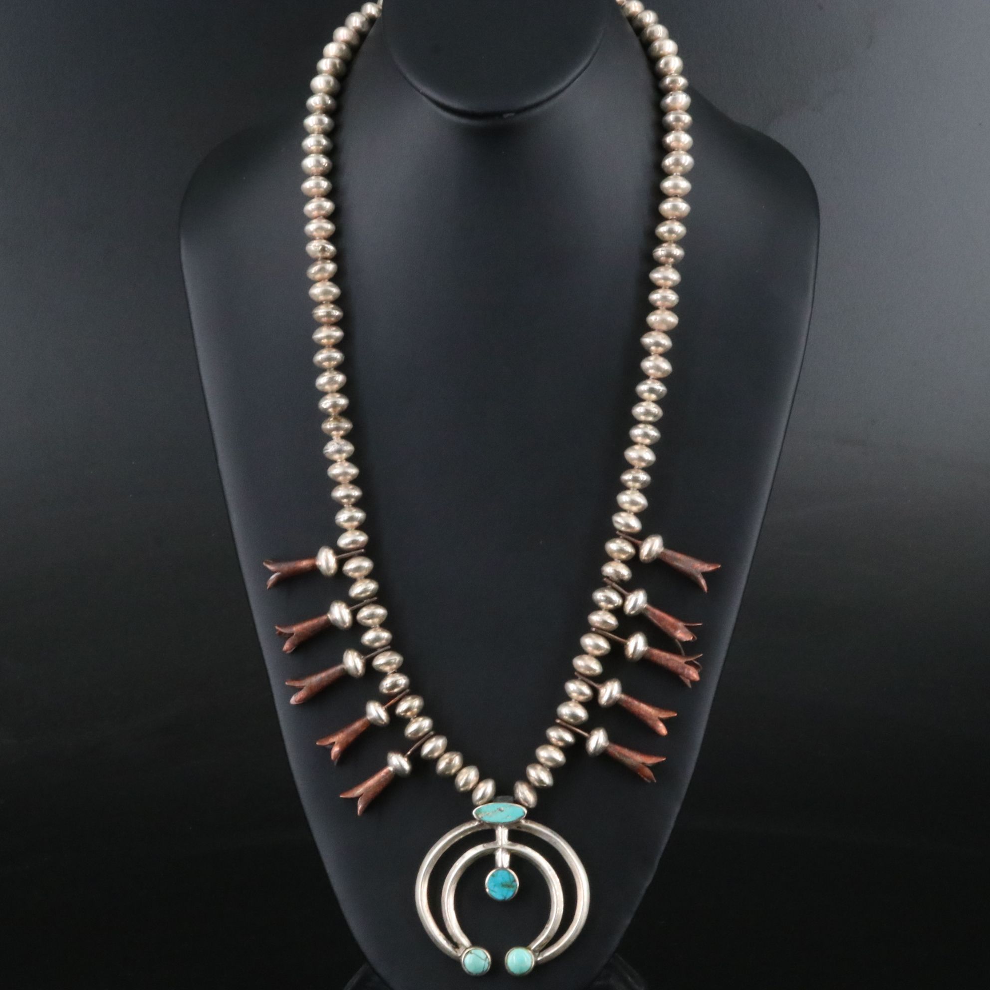 Sterling Turquoise Squash Blossom Necklace with Copper Accents