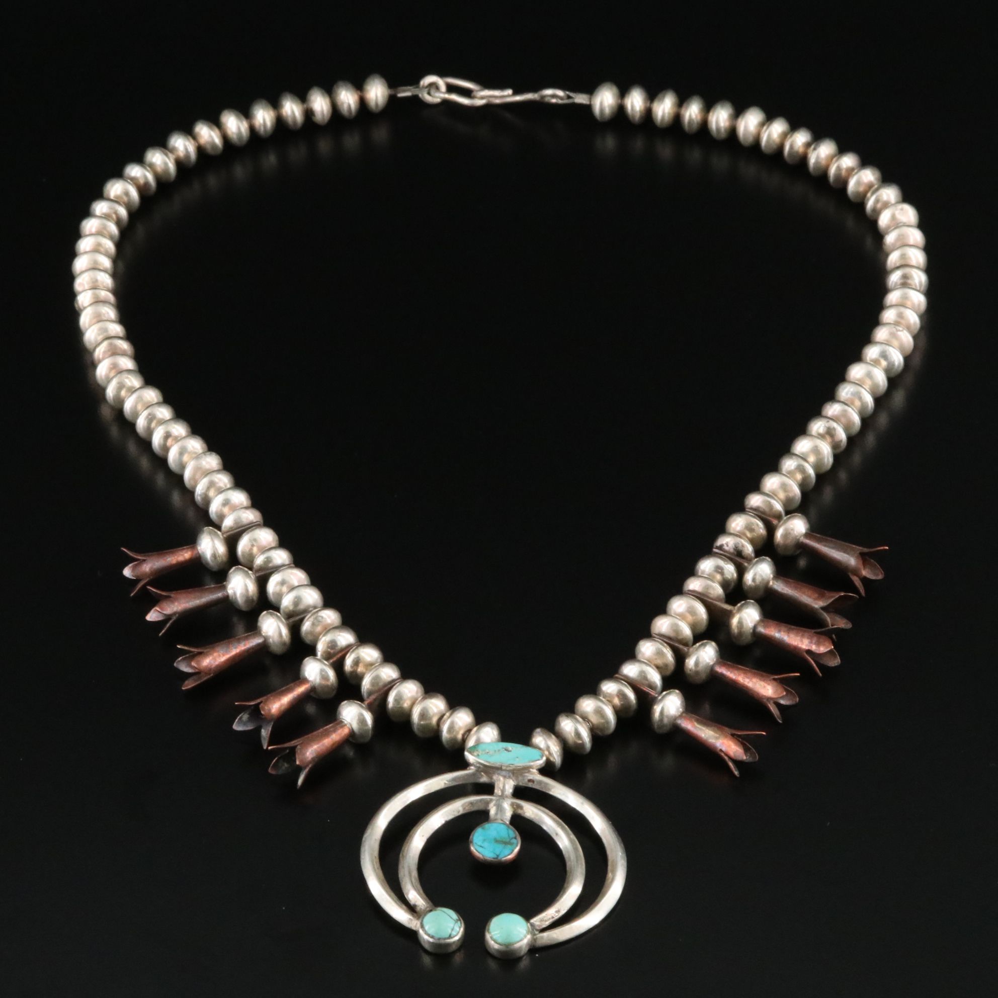 Sterling Turquoise Squash Blossom Necklace with Copper Accents