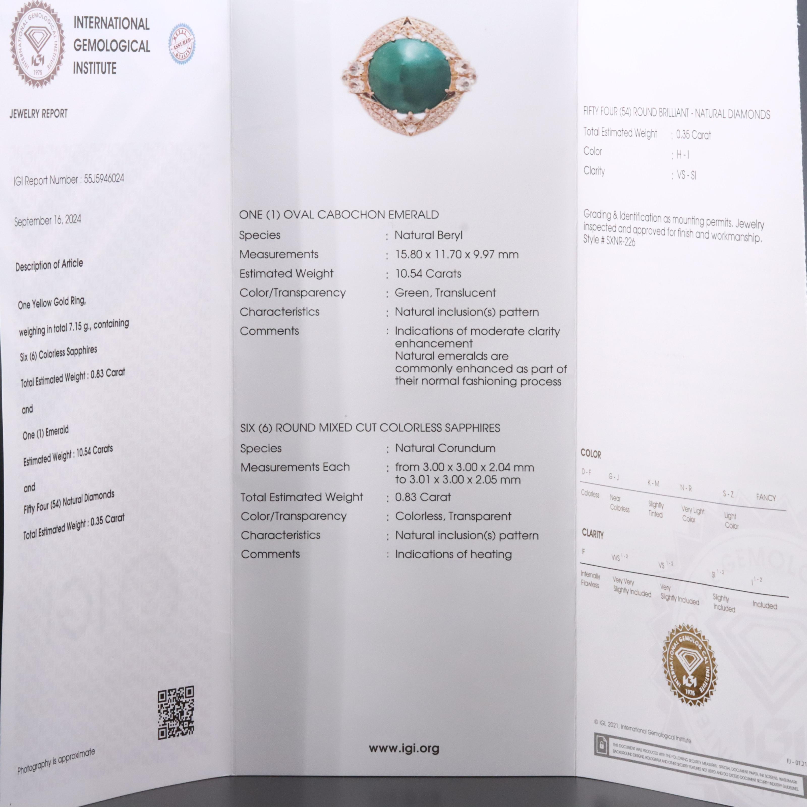 14K 10.54 CT Emerald, White Sapphire and Diamond Ring with IGI Report