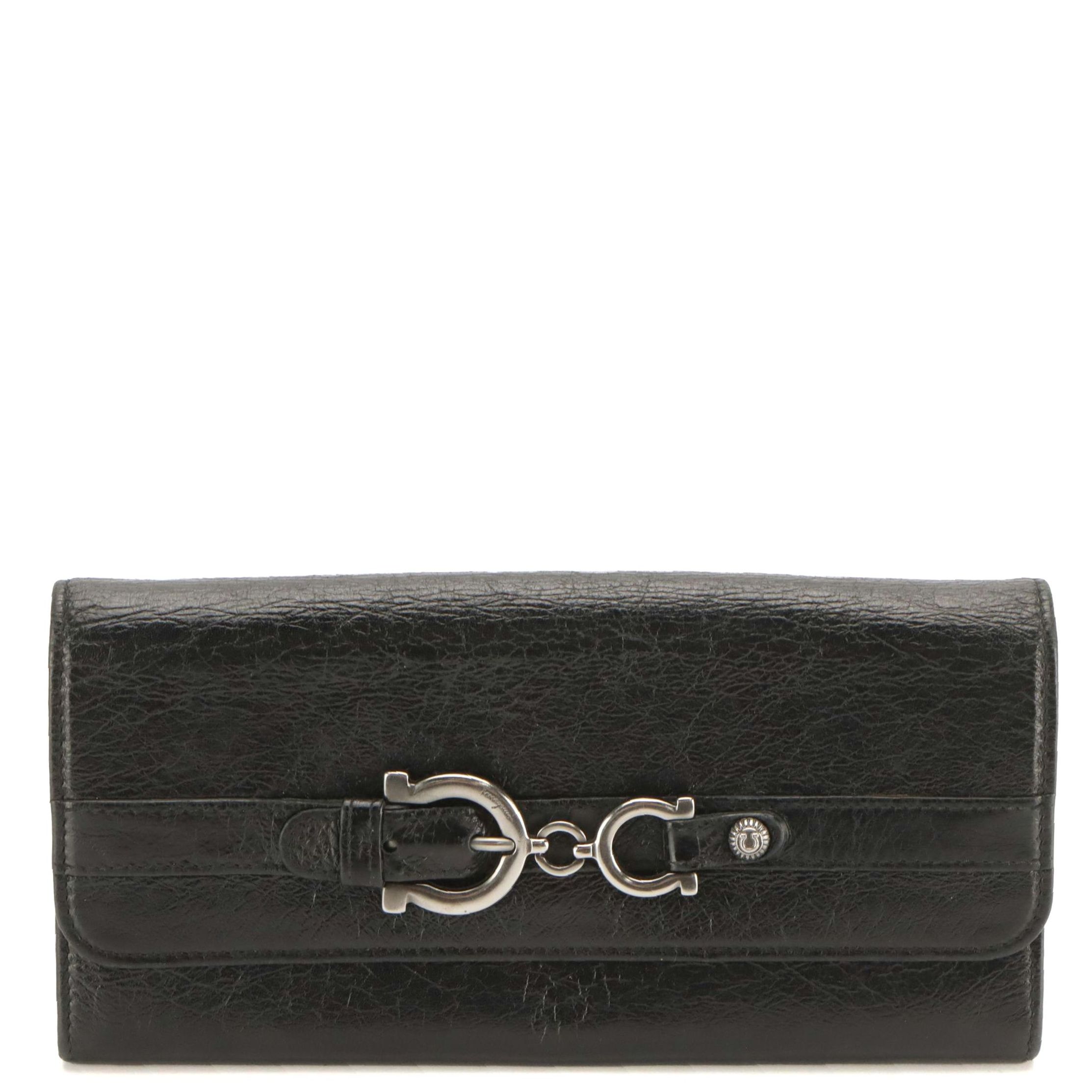 Salvatore Ferragamo Gancini Buckle Long Wallet in Crinkled Calfskin Leather