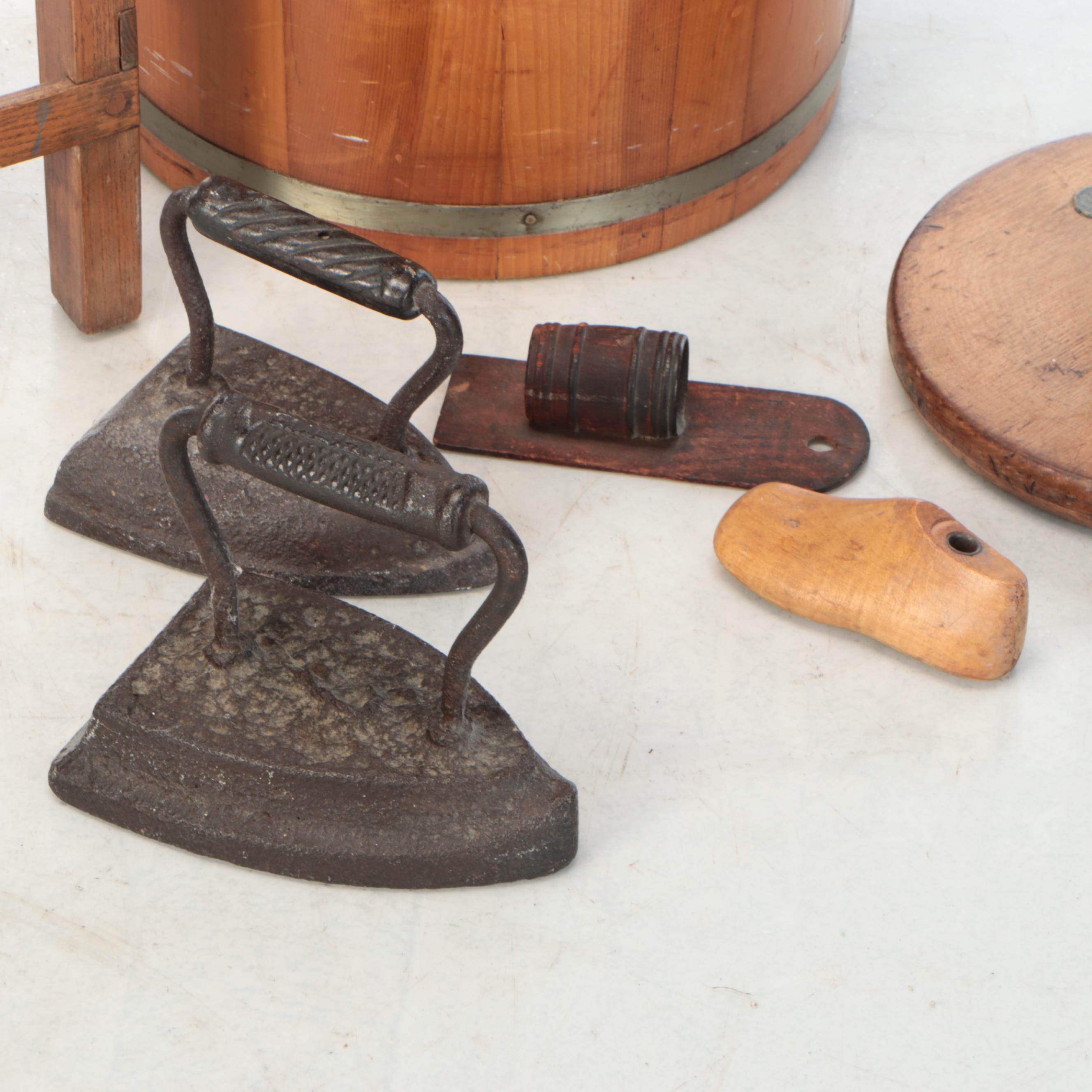Rustic Style Wood Chair and Bucket with Iron Flat Irons and Other Wood Décor